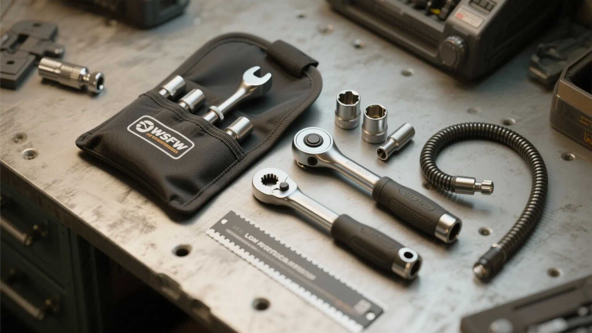 Tool bag with metal wrenches and sockets laid out on a grey workshop table surface