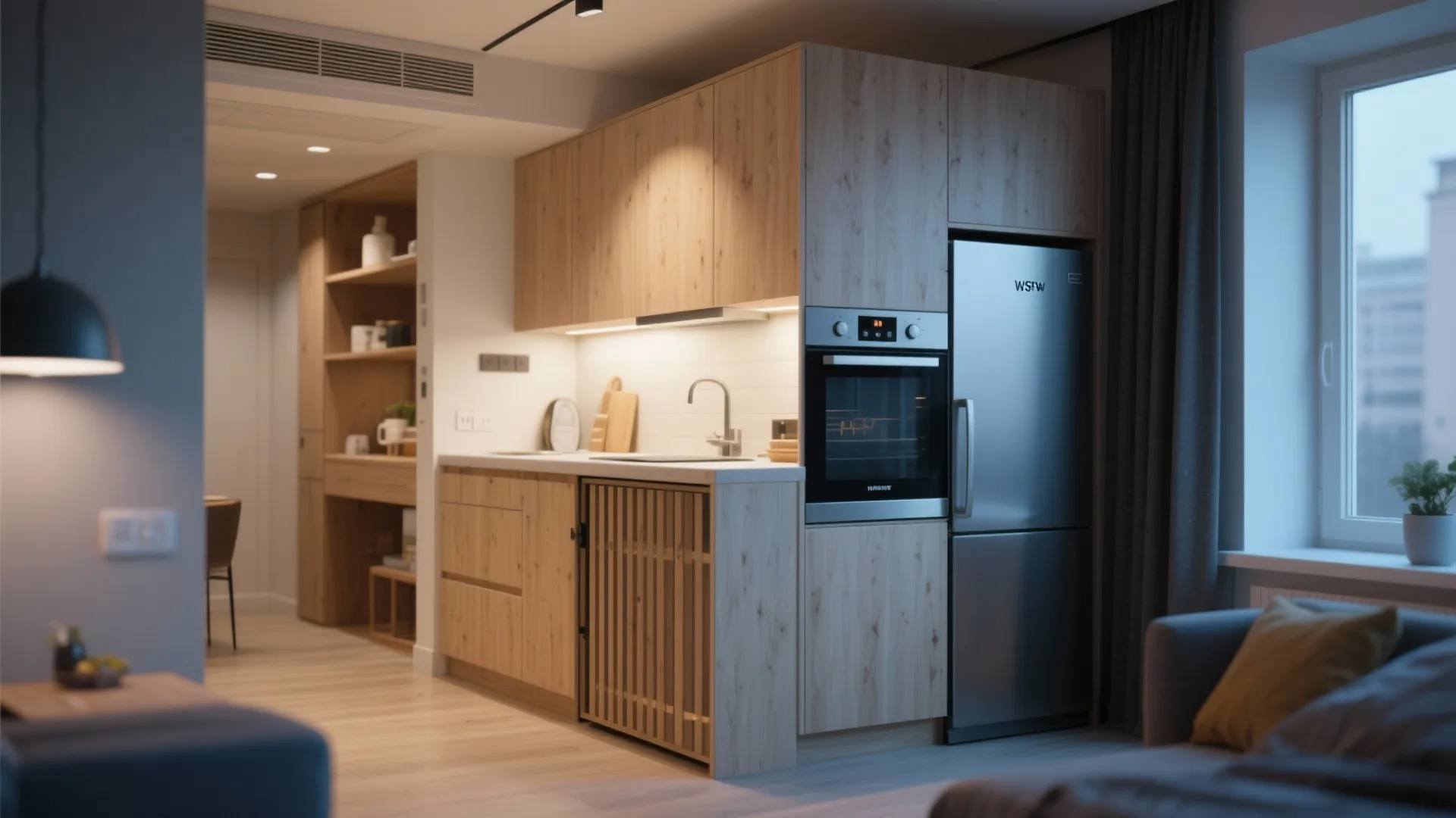 Compact kitchen with sliding counter hiding appliances