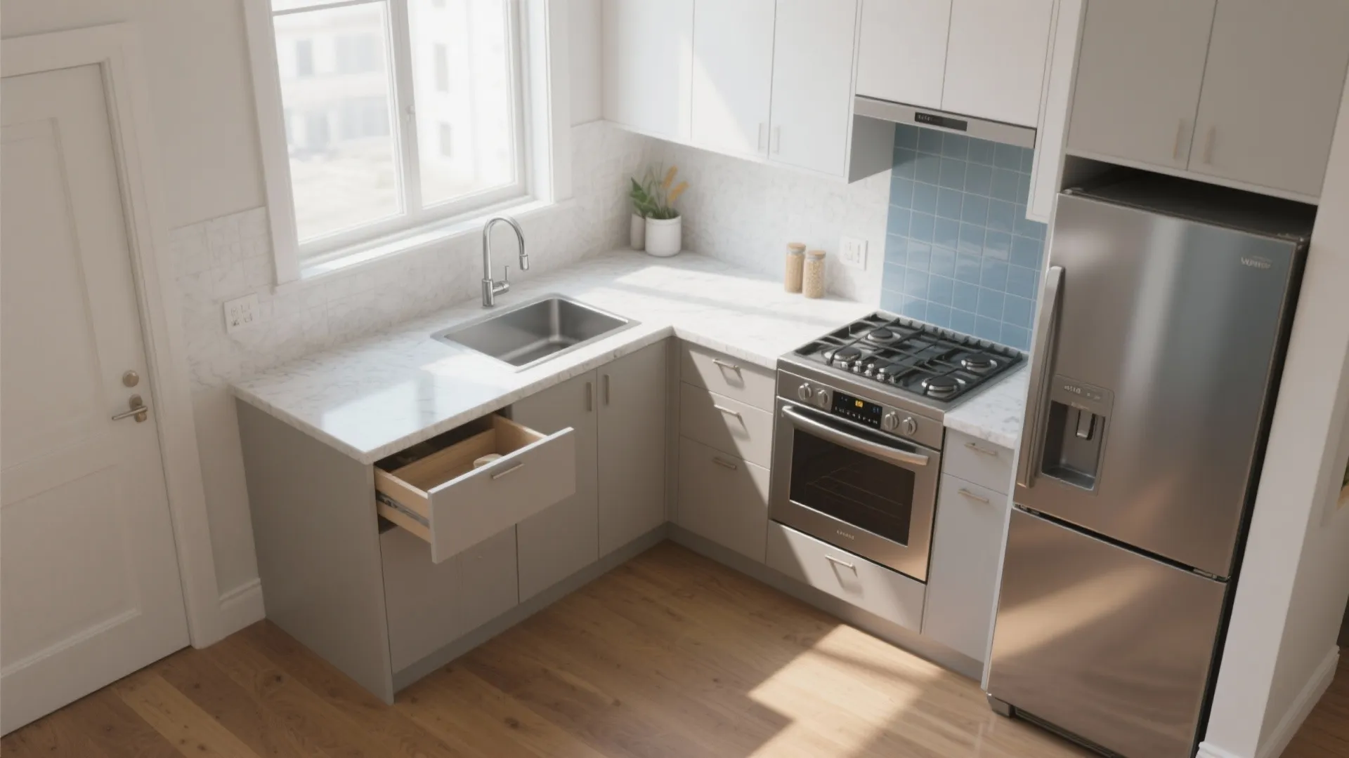 Small kitchen design with white marble counter wood floor silver fridge and an open cabinet drawer