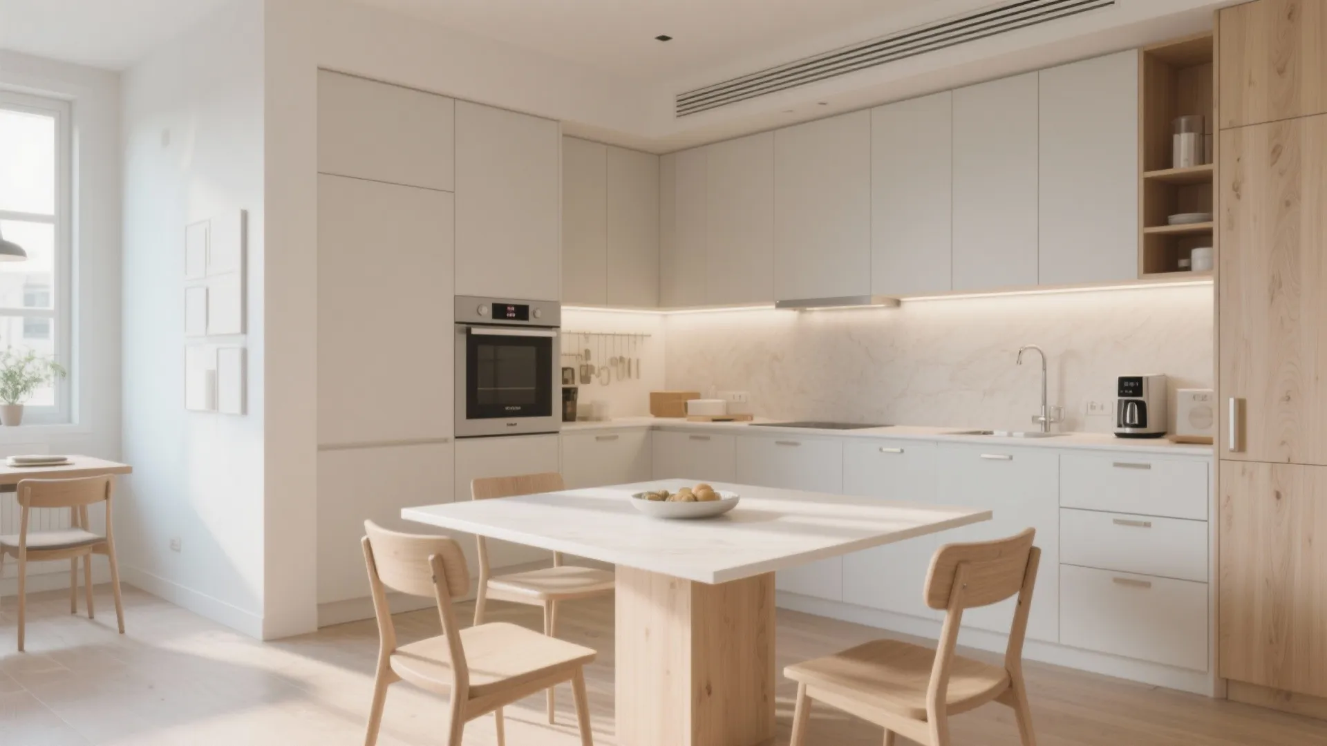 Modern white kitchen design with wooden cabinets wooden dining table chairs and built in oven
