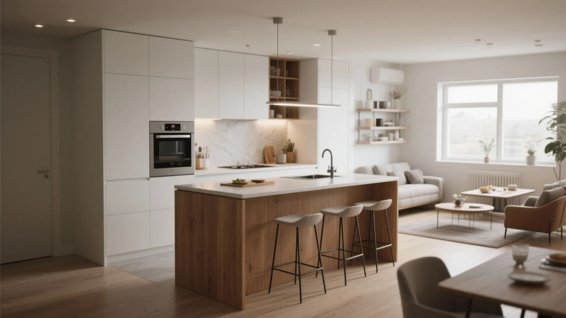 Modern white kitchen with wooden island bar stools and open view to the bright living room