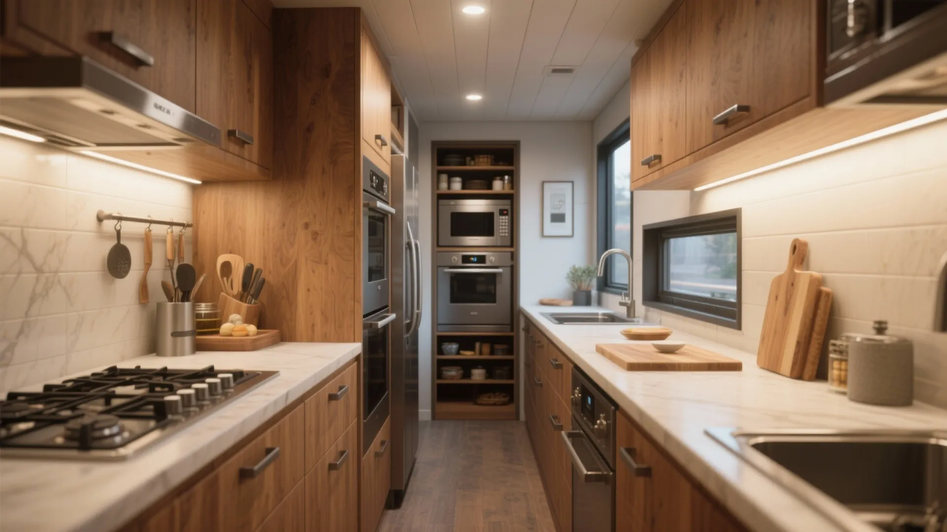 Small kitchen with wooden cabinets white counters gas stove and oven at far back wall