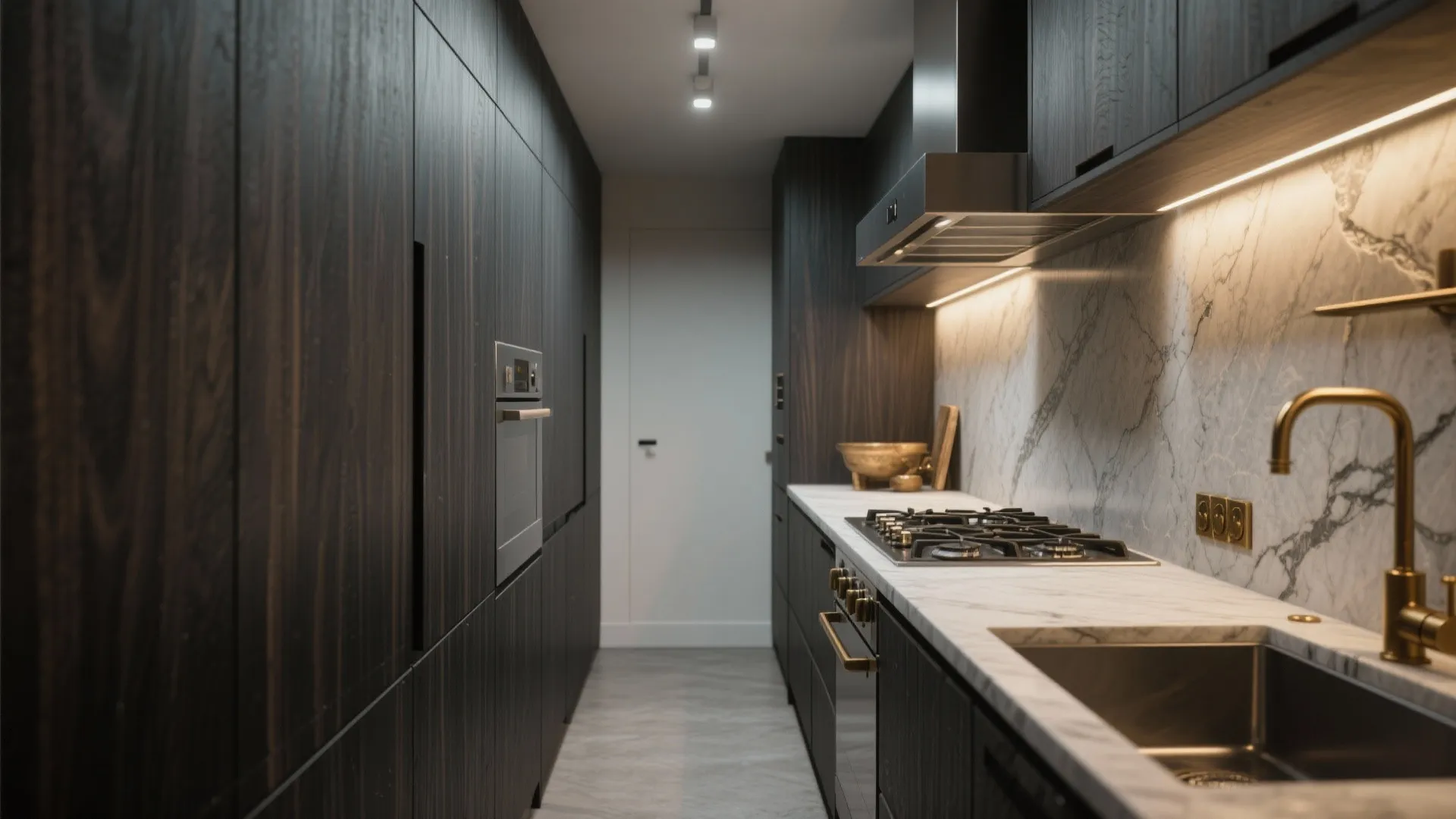 Compact professional-style kitchen with tall narrow cabinets, brass hardware, and a slim range hood in a studio layout.