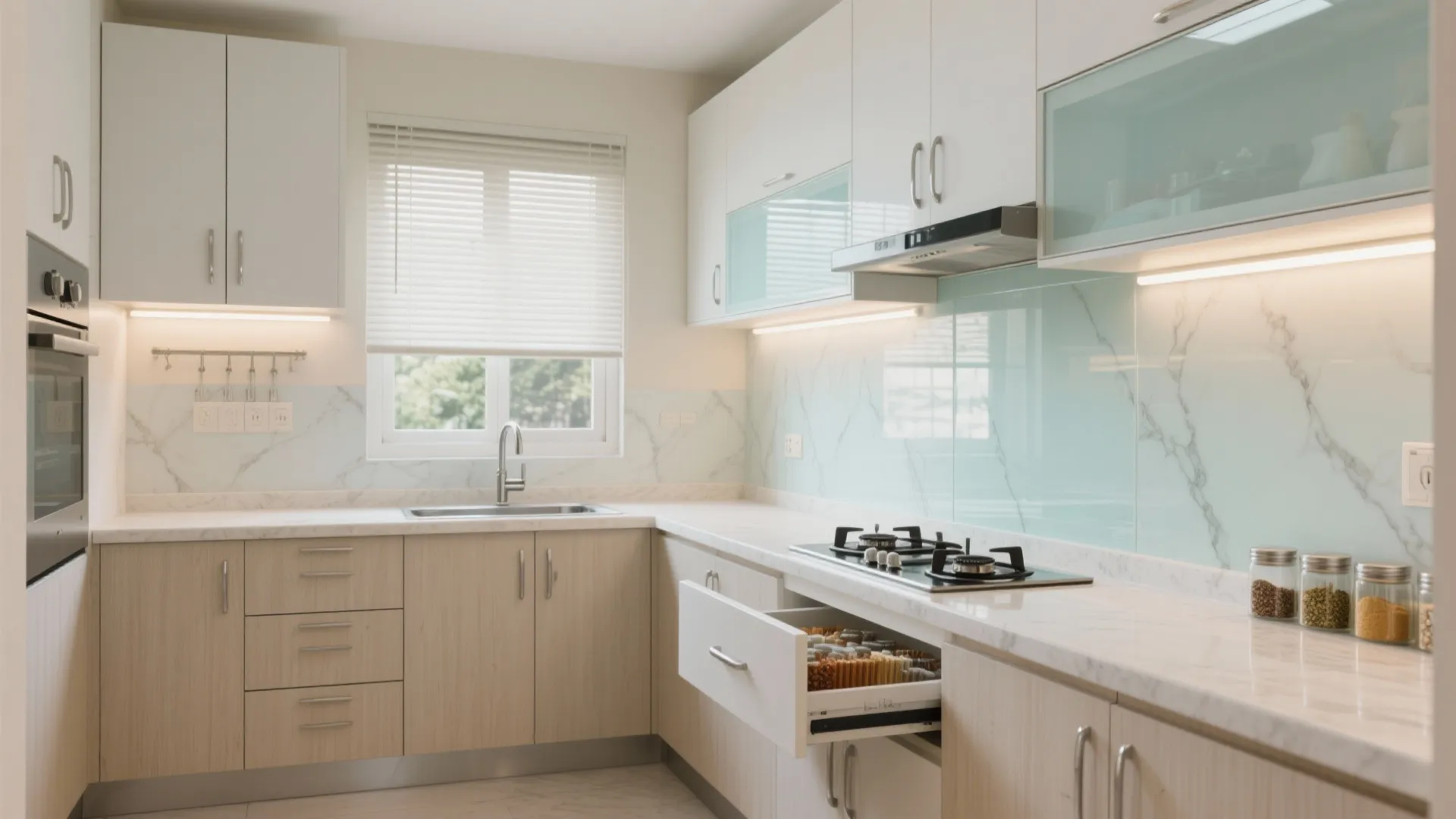 Compact Kitchen Logic: Vertical Storage, Reflective Backsplashes