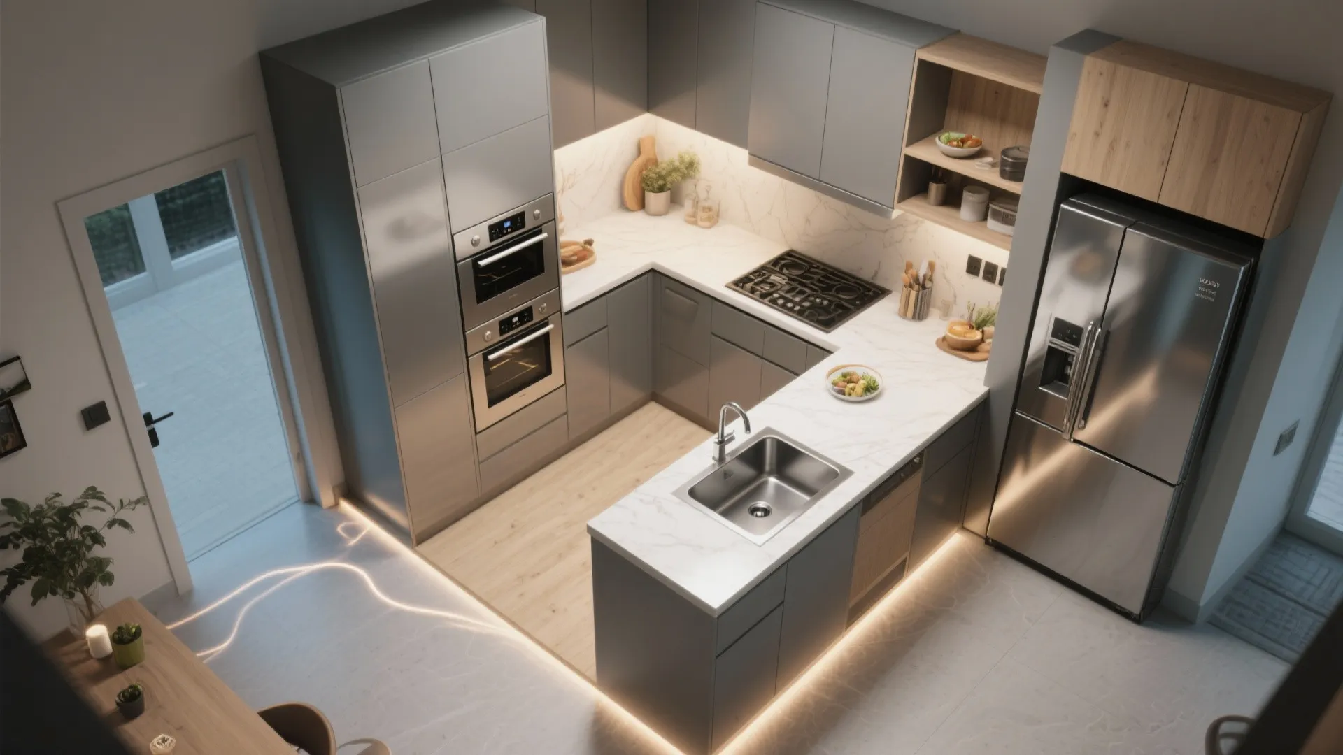 Modern grey kitchen with white counters double oven silver fridge and warm under cabinet lighting