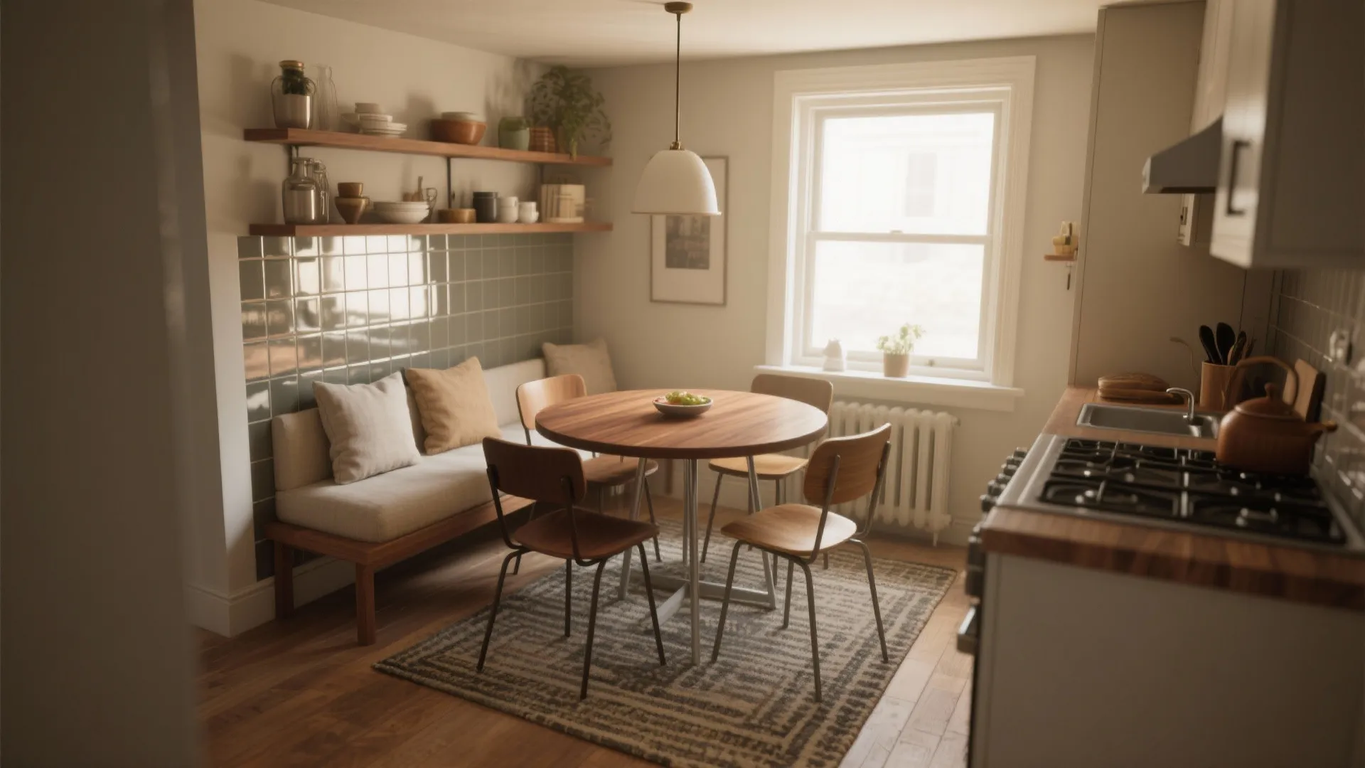 Small kitchen dining area featuring a round wood table chairs bench shelving and natural light