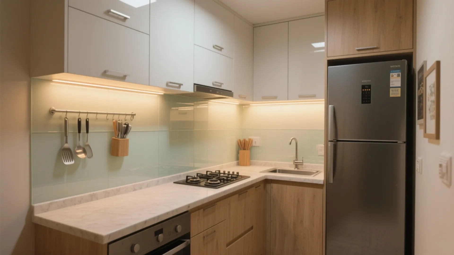 Compact kitchen with white cabinets wood storage grey fridge stove and marble countertop under light
