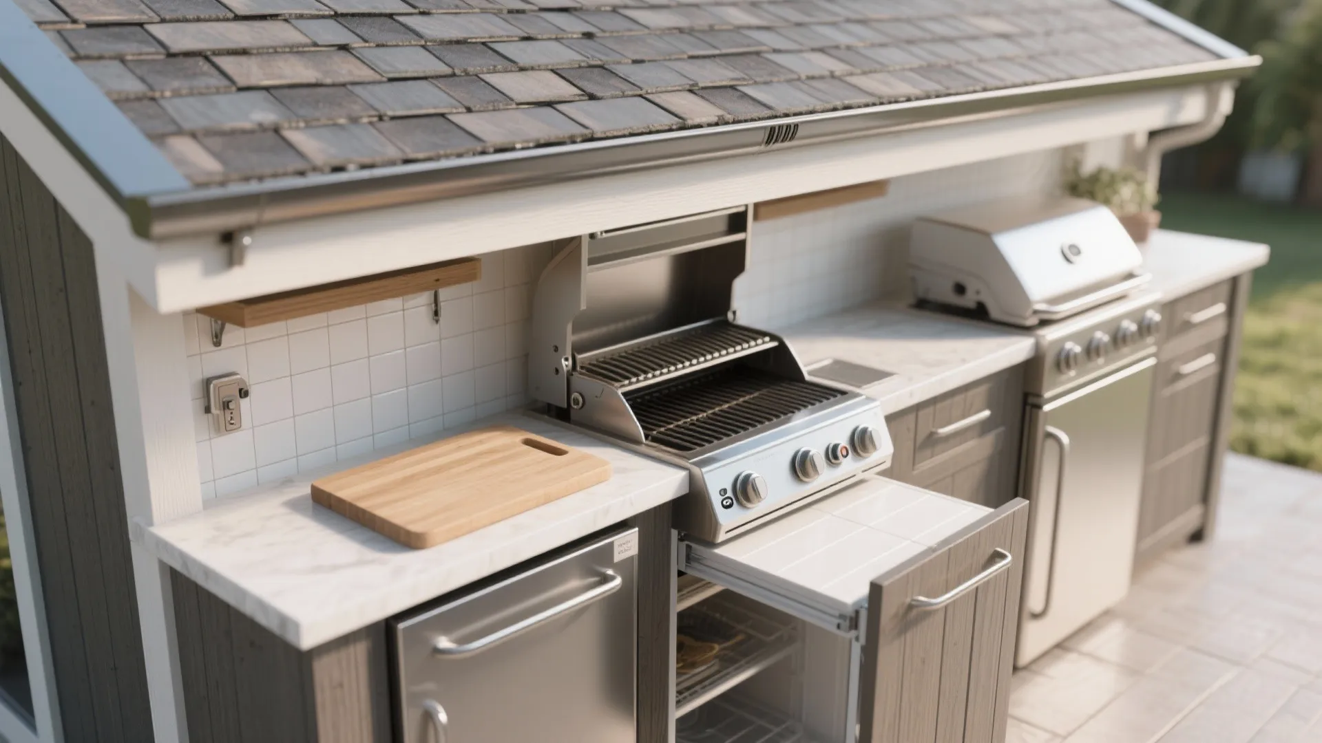 Modern outdoor kitchen with stainless steel grill marble countertop wooden cutting board and grey storage cabinets