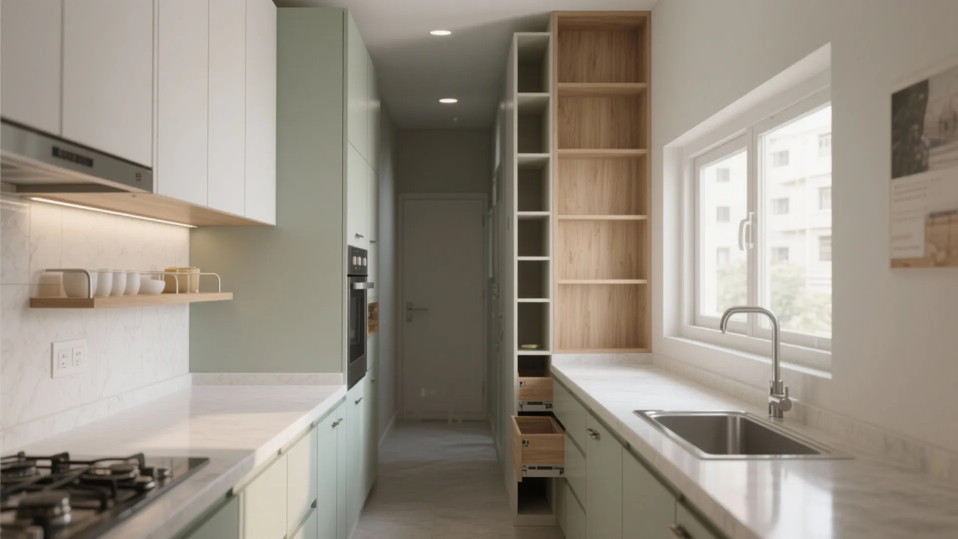 Narrow kitchen with light green cabinets white marble countertops wooden shelves a sink and window
