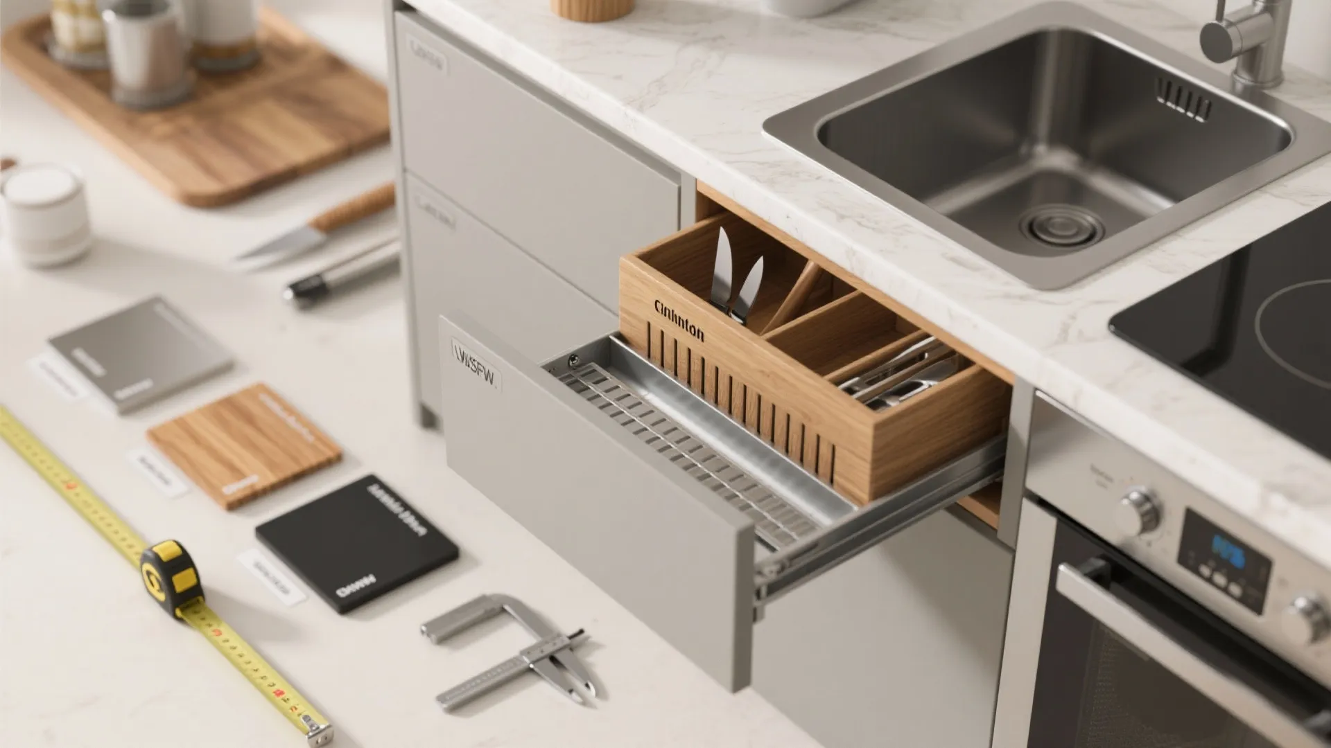 Modern kitchen cabinet with an open drawer showing wooden organizers for knives and kitchen utensils