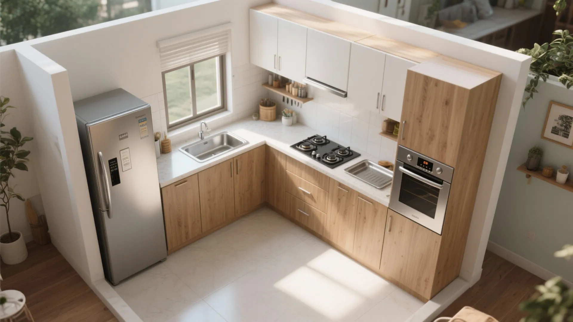 Modern L-shaped kitchen with wood cabinets white wall cabinets silver fridge and natural window light