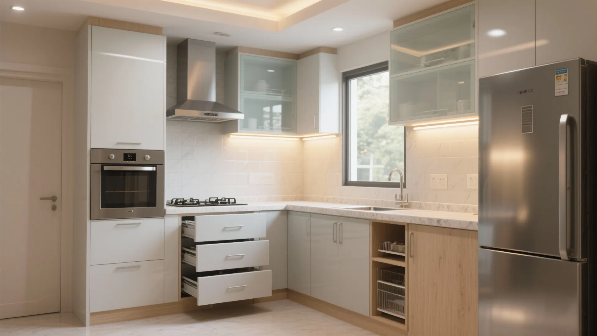 Modern white kitchen with open drawers silver fridge built-in oven and warm under cabinet light