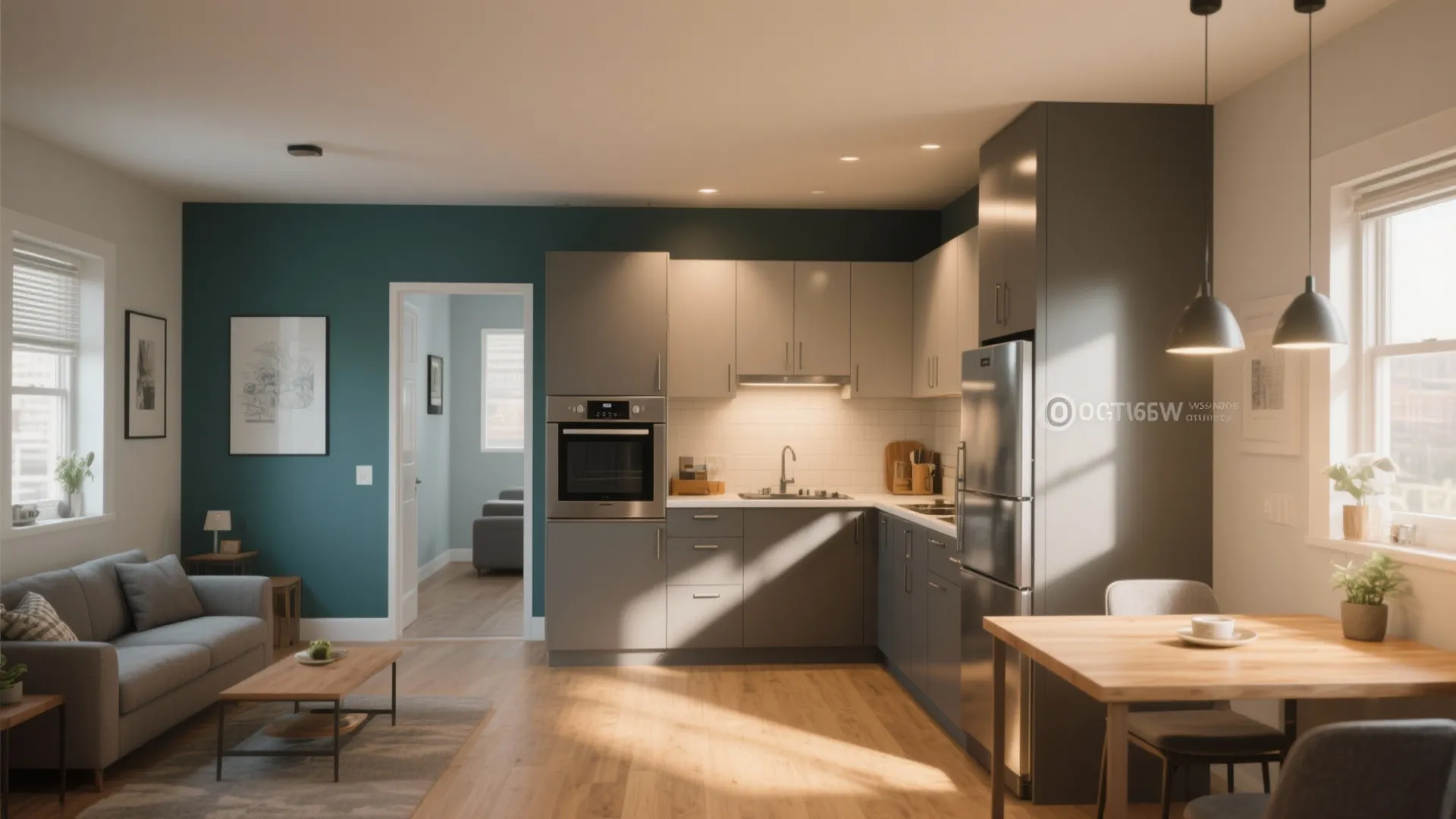 Modern open plan kitchen with grey cabinets wood floors grey sofa and wood dining table set