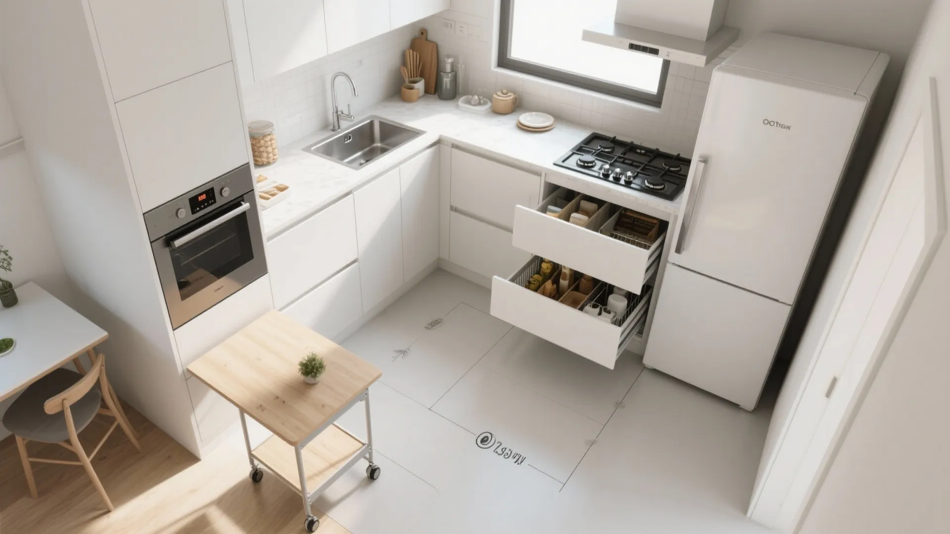 Top-down layout of a compact kitchen showing an efficient work triangle, pull-out pantry and a fold-down table.
