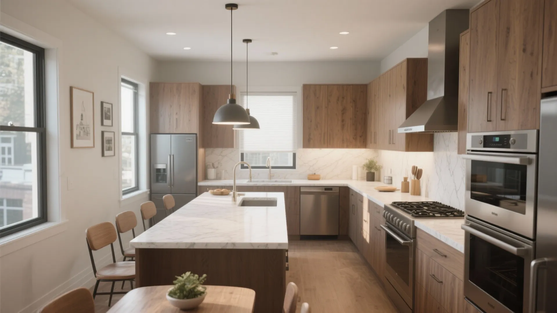Modern kitchen with wood cabinets white marble island stainless steel oven and black hanging ceiling lights