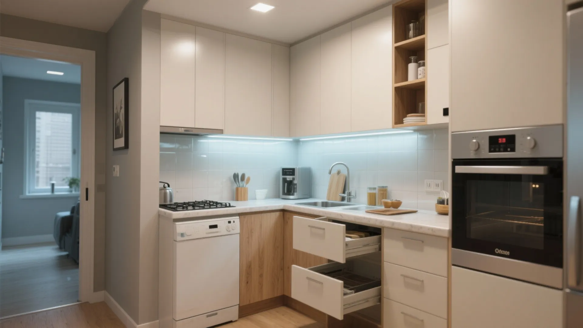 Compact white kitchen with wooden cabinets built-in oven dishwasher and open drawers for smart storage solution