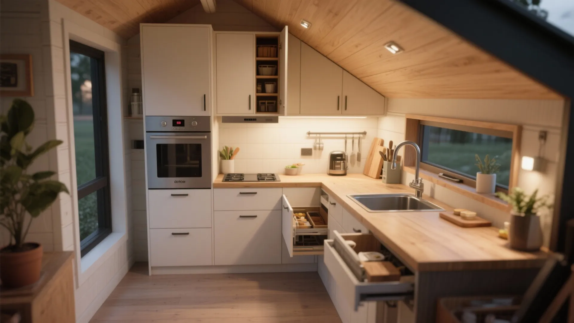 Compact modern kitchen design with white cabinets and wood countertops under a sloped wooden ceiling