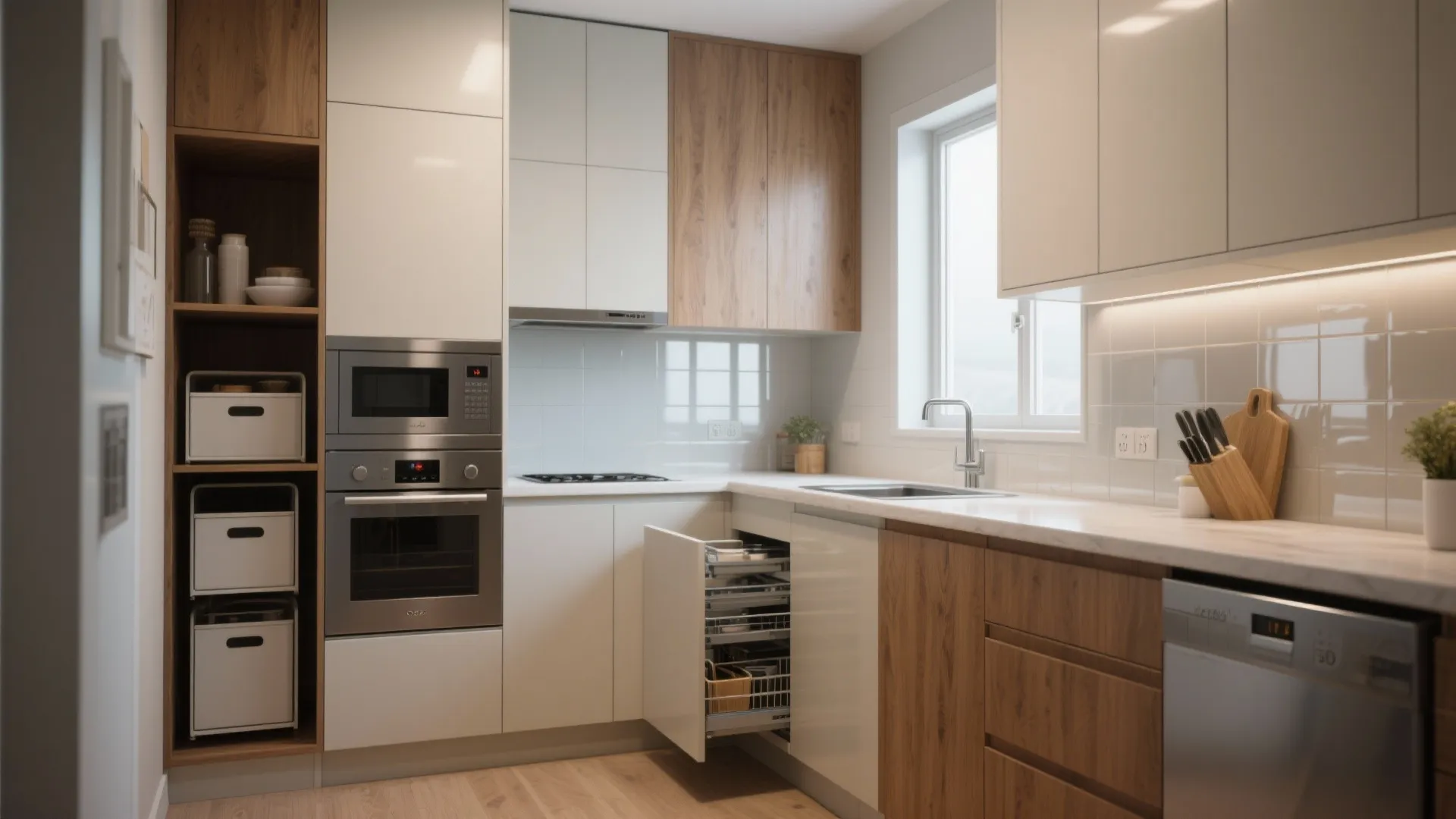 Modern small kitchen with white and wood cabinets featuring a built-in oven and pull-out drawer