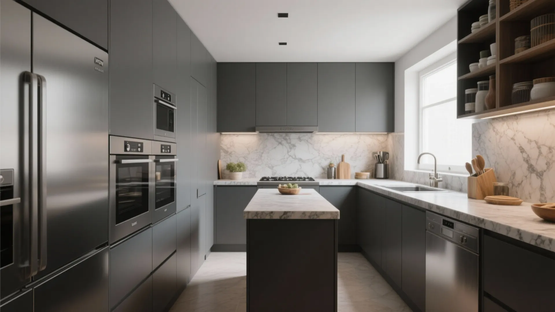 Compact galley kitchen with stacked appliances and a slim prep island