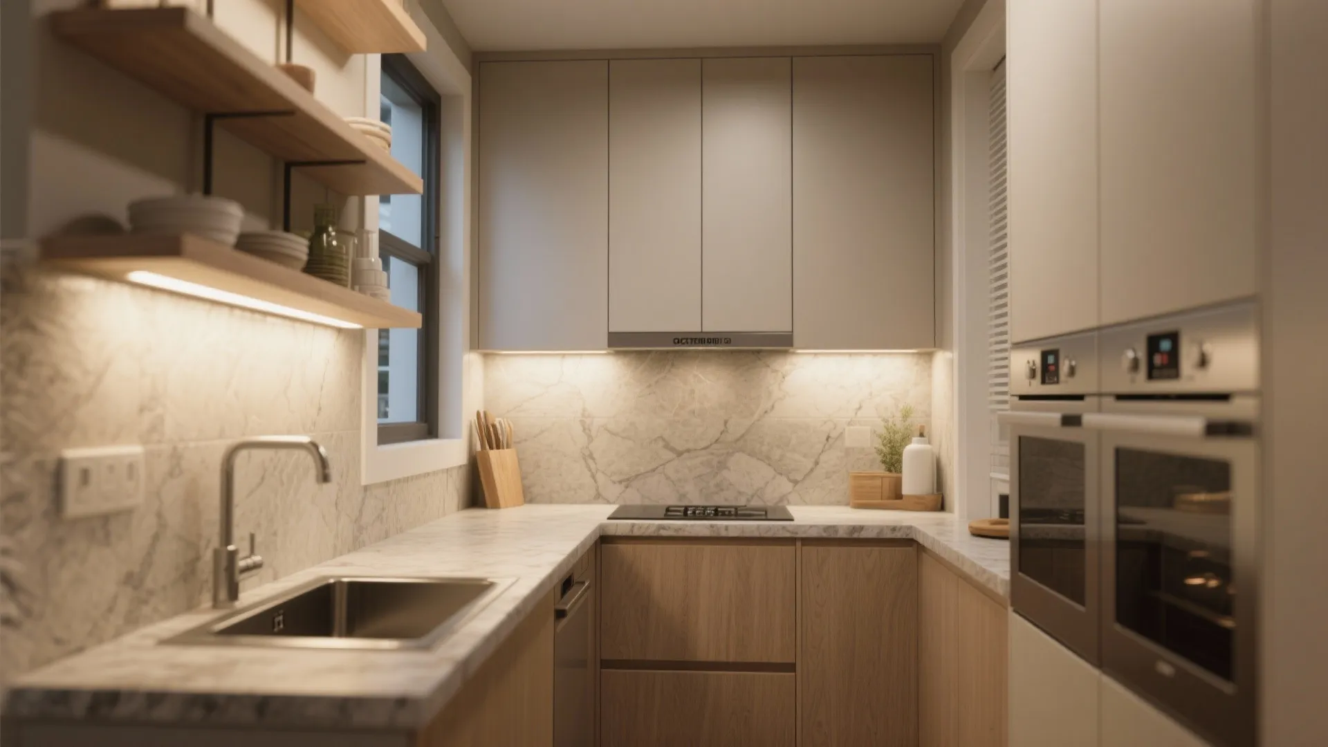 Efficient galley kitchen with full-height cabinets and open shelving in a small home