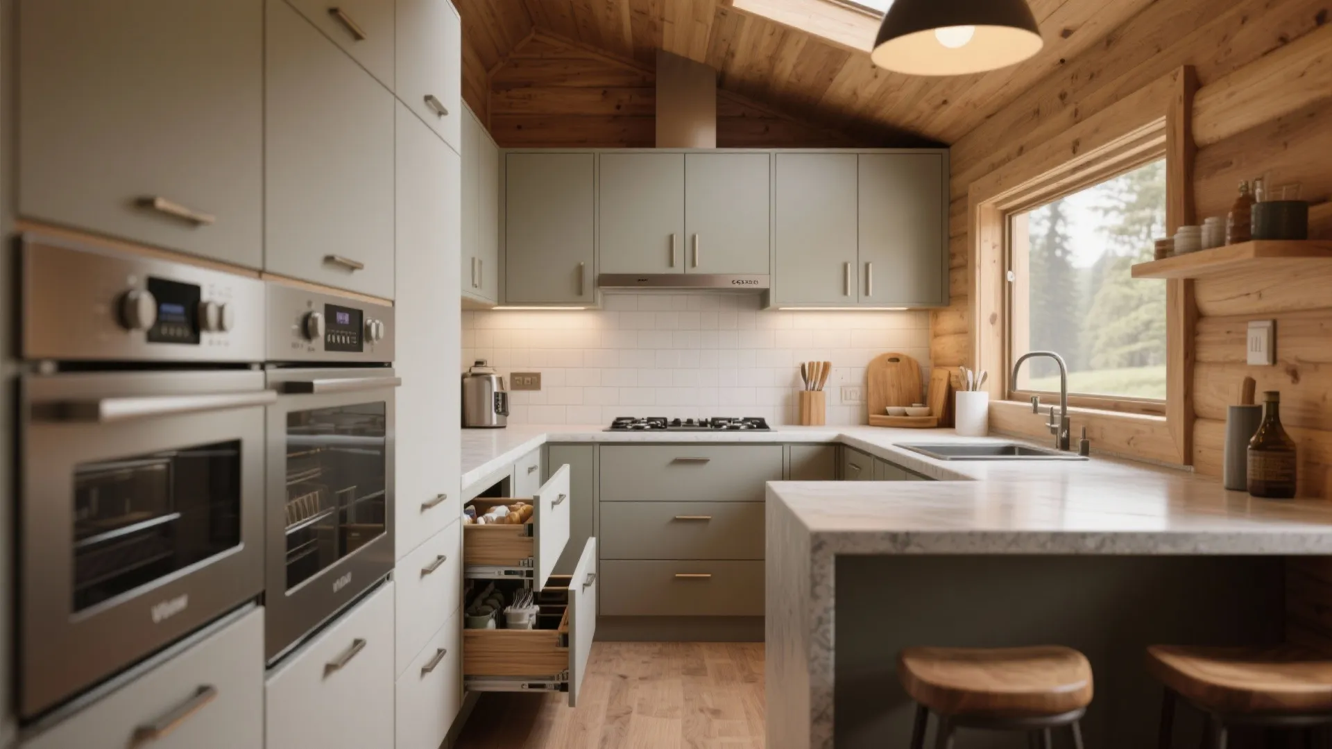 Modern kitchen with green cabinets white marble countertop wooden walls ceiling light and built-in kitchen oven