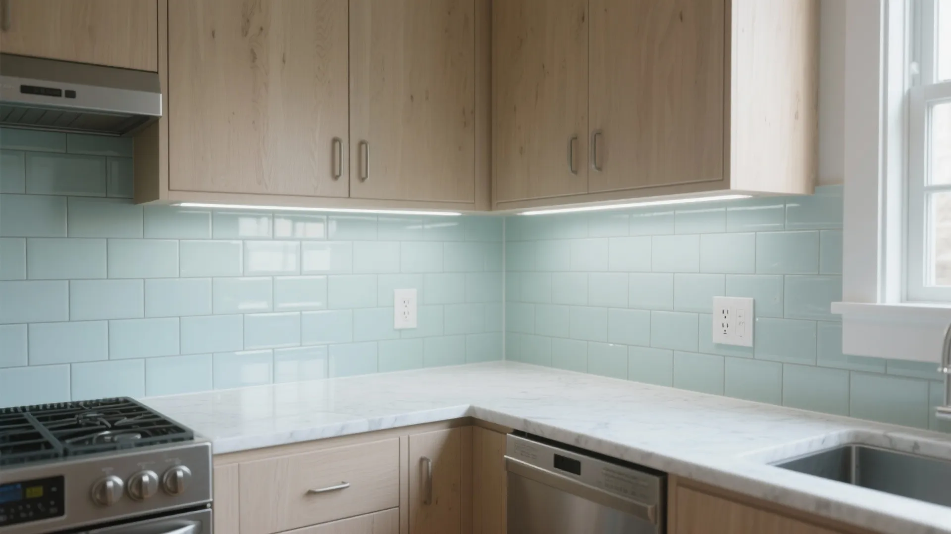 Modern kitchen corner with light blue wall tiles light wood cabinets marble countertops and steel appliances
