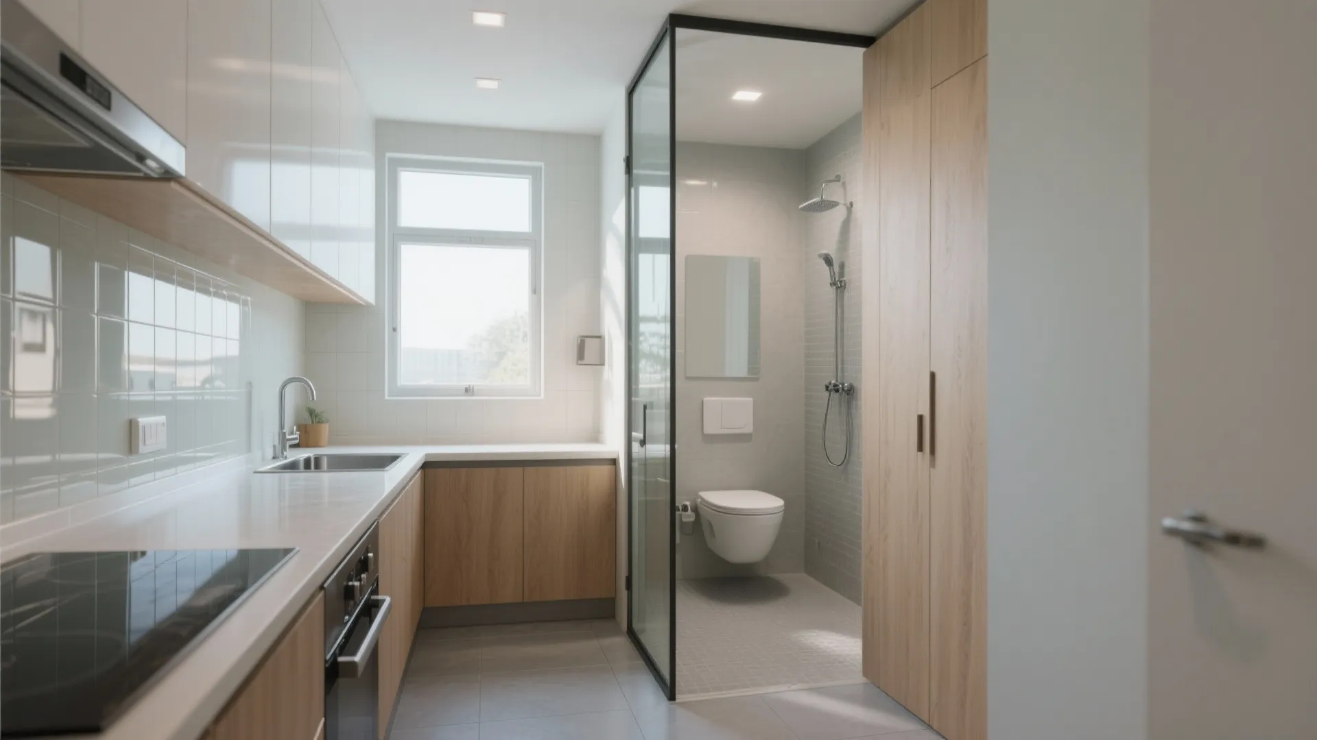 Compact, bright kitchen and easy-clean bathroom