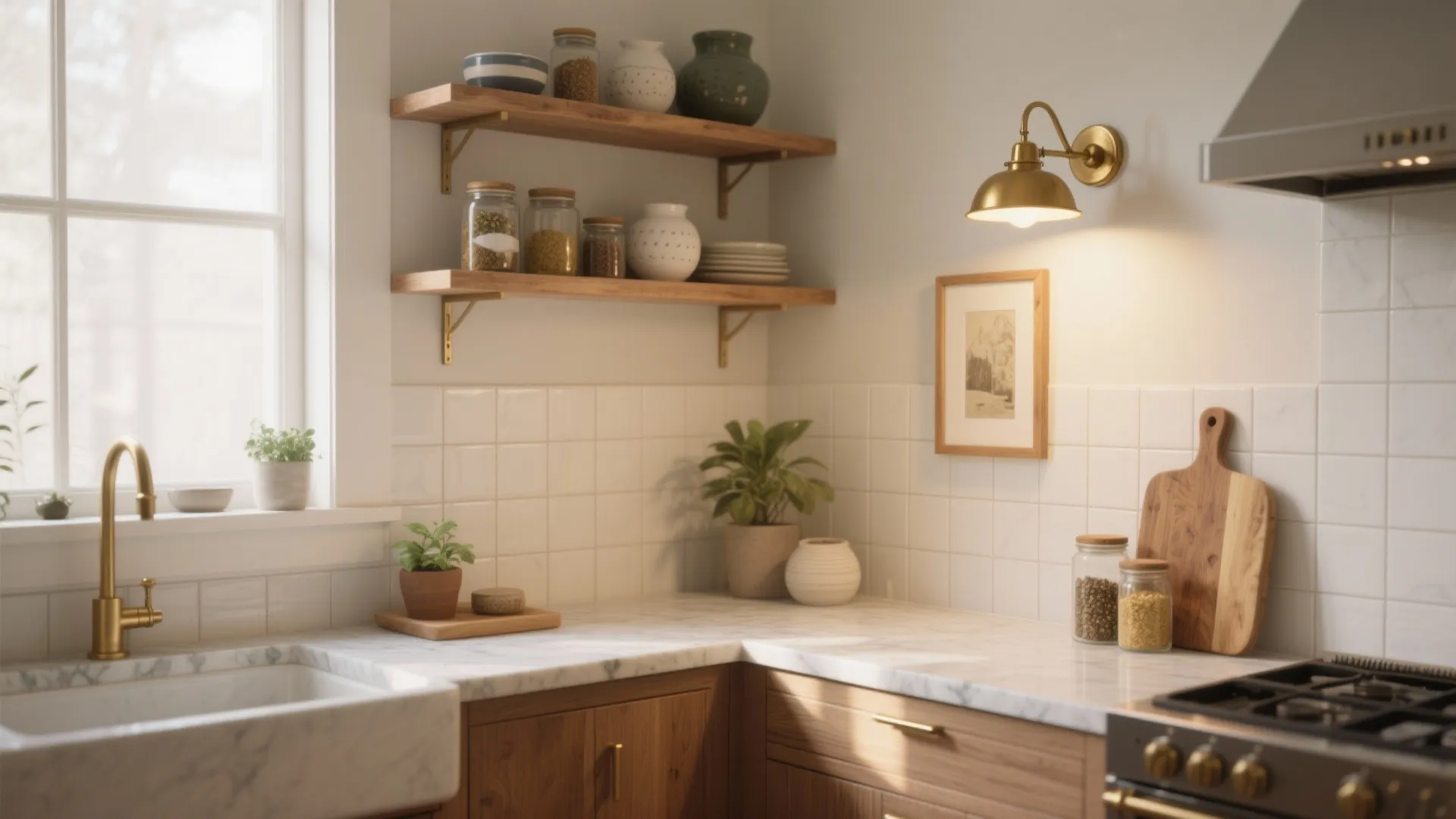 Modern kitchen with marble countertop wooden cabinets brass faucet open shelves white wall tiles and light