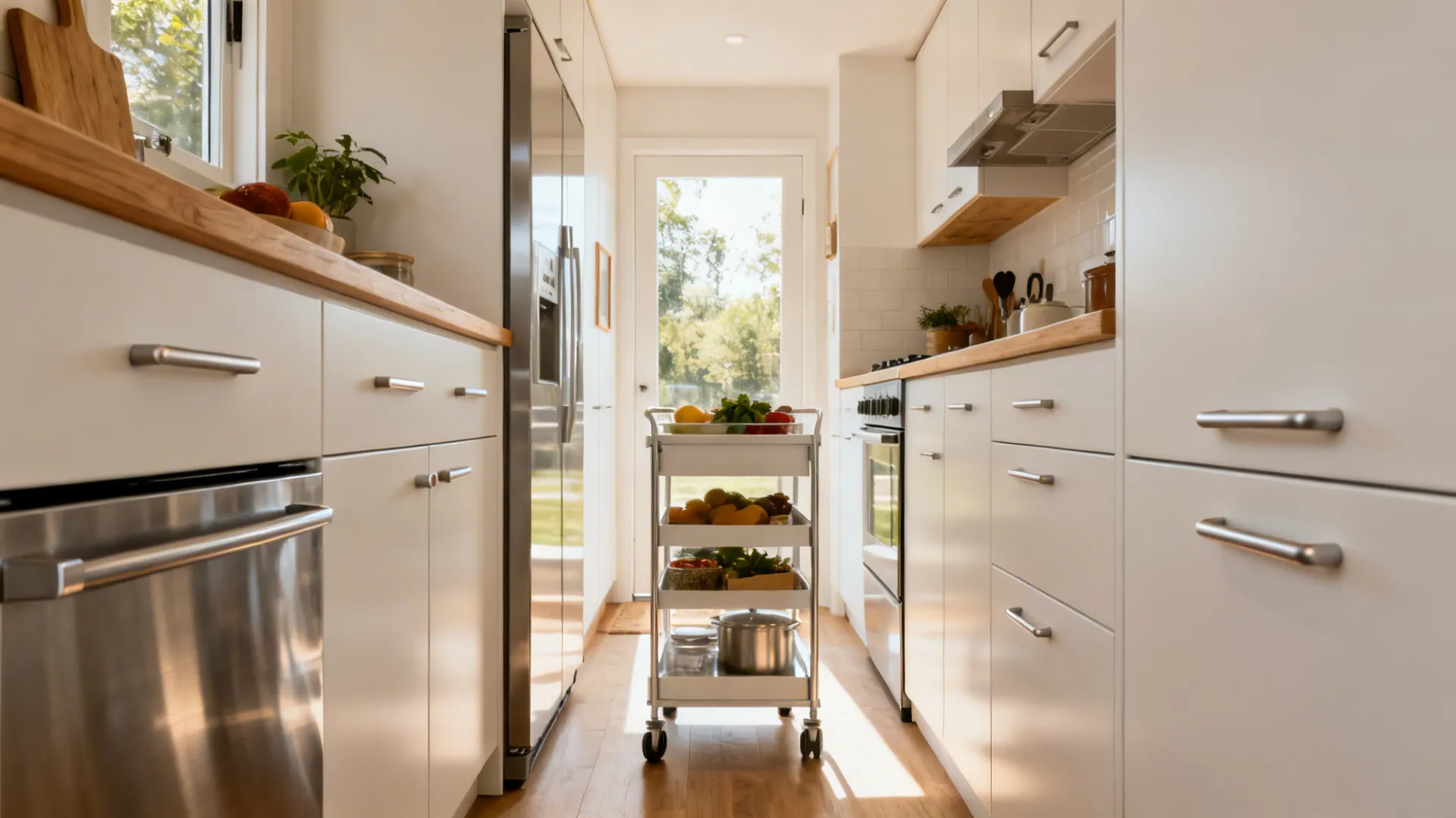 Cozy compact kitchen with a trolley featuring cohesive ergonomic handles in soft daylight.