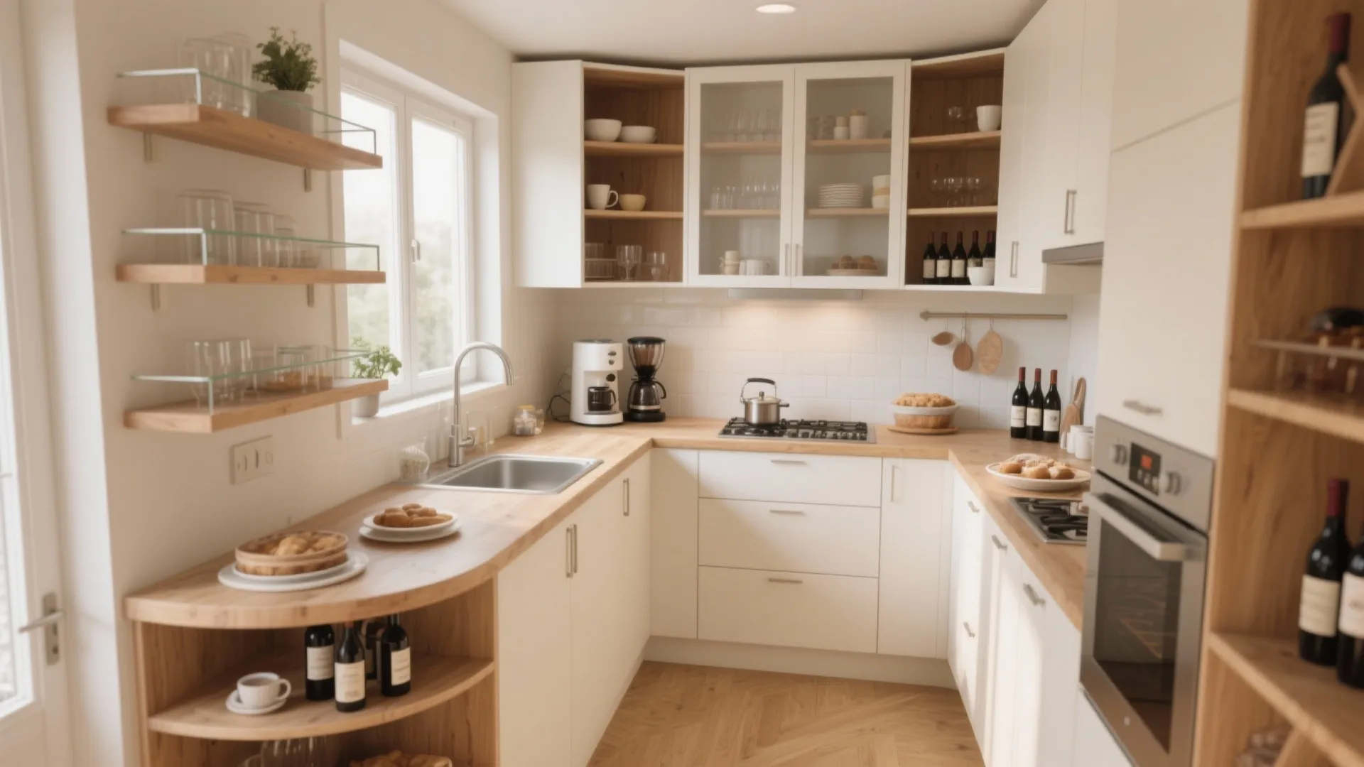 Bright small kitchen featuring white cabinets wooden countertops open shelving and a built in oven