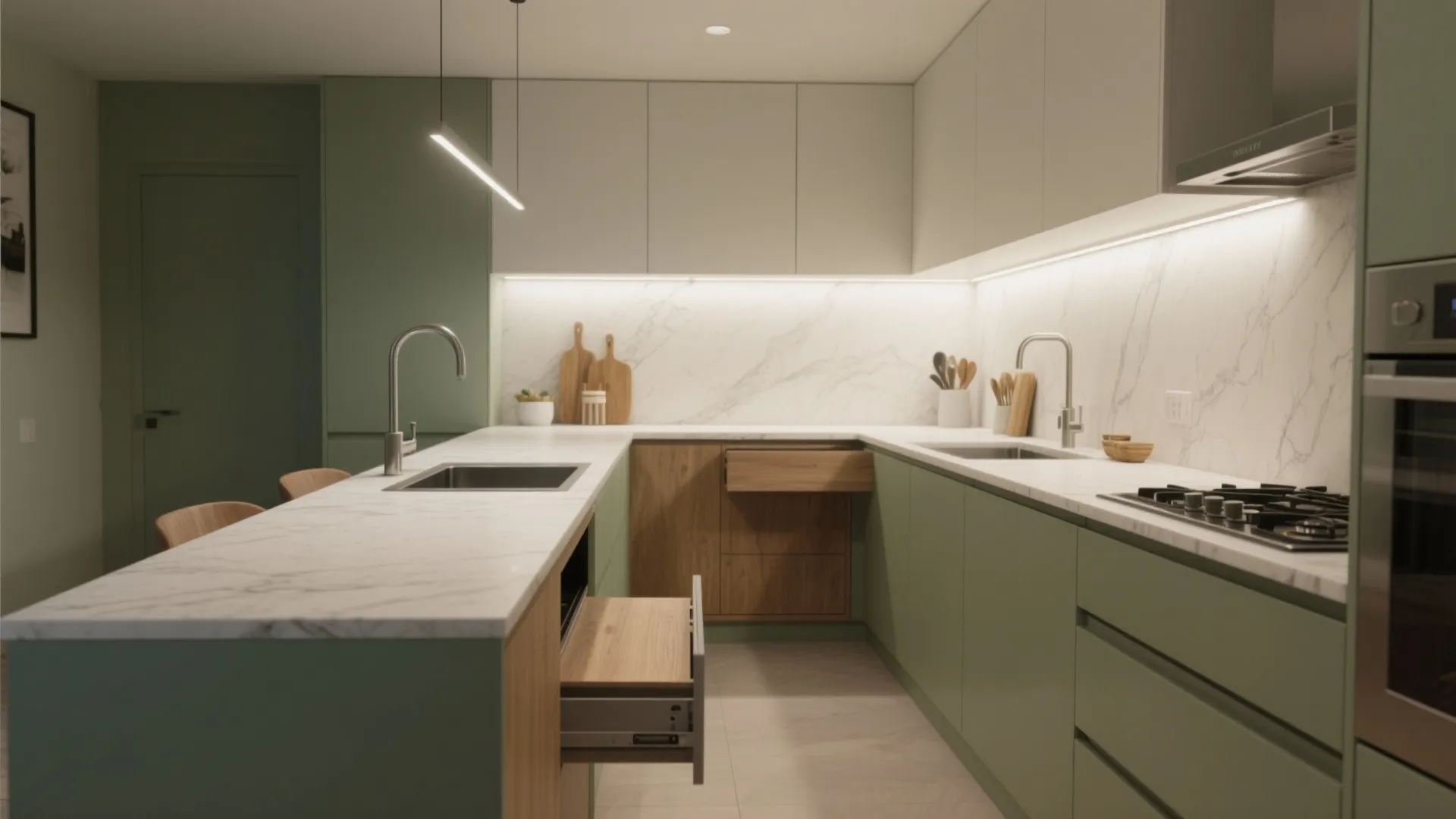 Modern green and white kitchen featuring marble countertops with wooden drawers and sleek light fixtures
