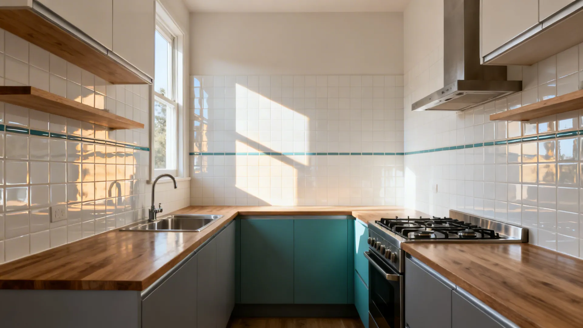 Compact kitchen with white wall tiles, wooden countertop, teal cabinets, metal sink, and natural light