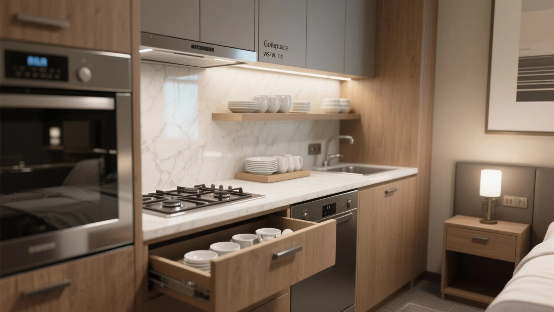 Compact kitchenette with integrated appliances, pull-out pantry and open shelving.