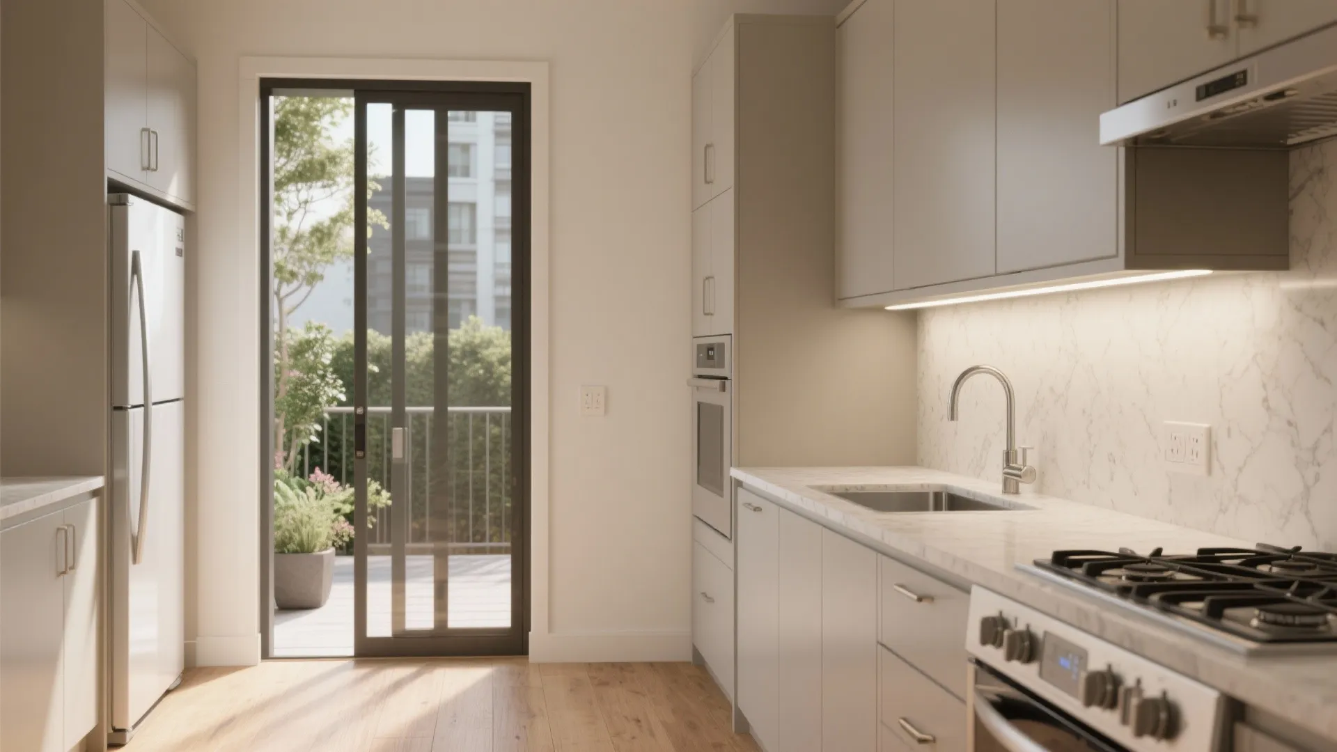 Modern kitchen with grey cabinets marble backsplash steel sink and glass door leading to balcony