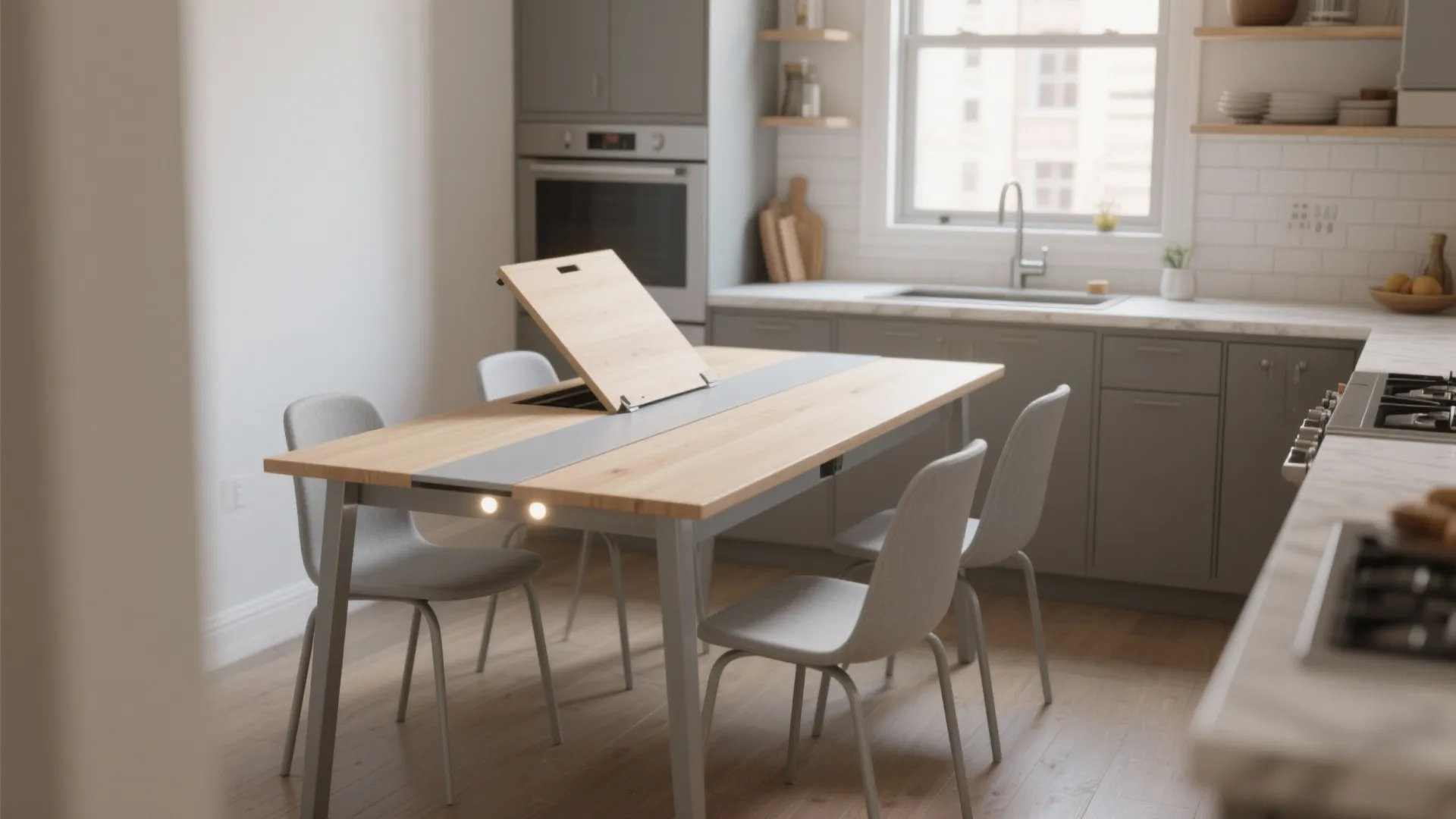 Modern wood dining table with built-in storage compartment and grey chairs in a kitchen area