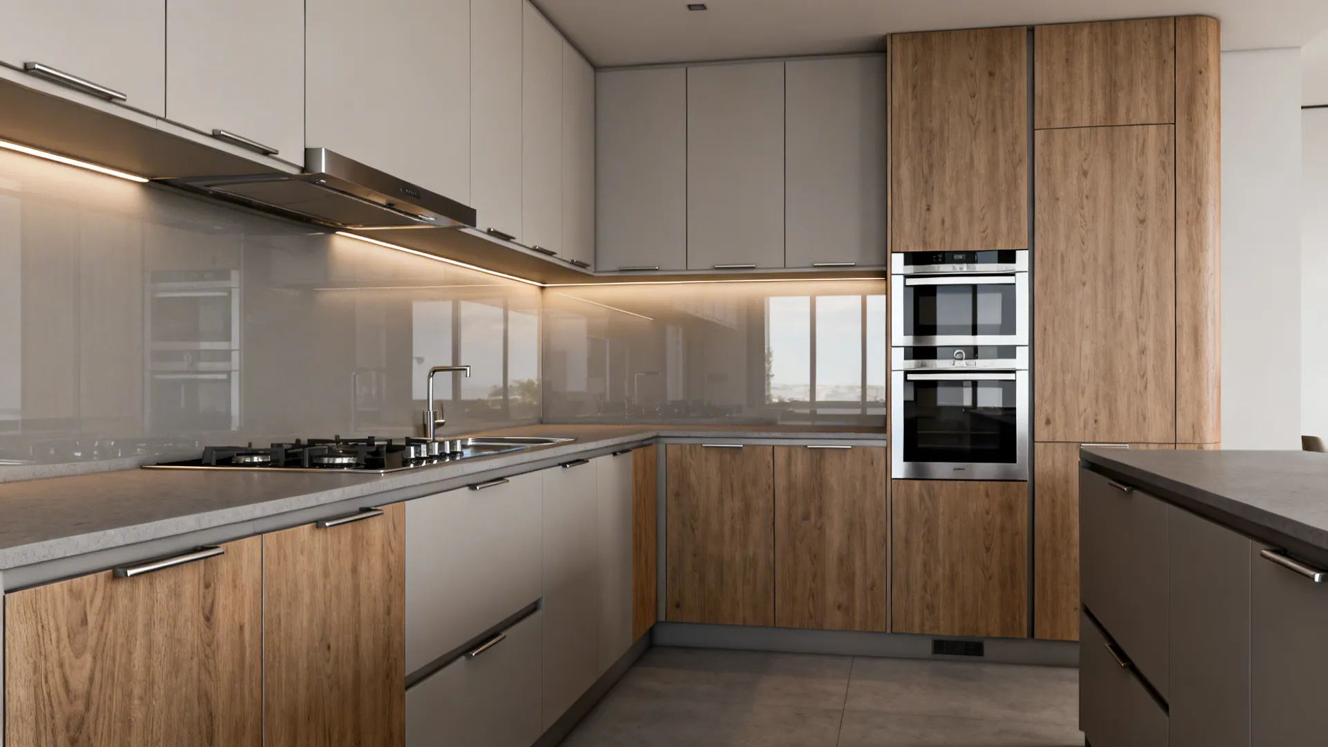 Modern kitchen interior design featuring wood and grey cabinets built in ovens and warm lighting