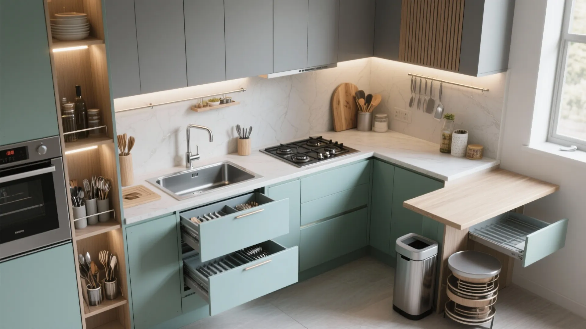 Modern kitchen with green cabinets gray upper cupboards white marble countertop and smart storage drawer systems