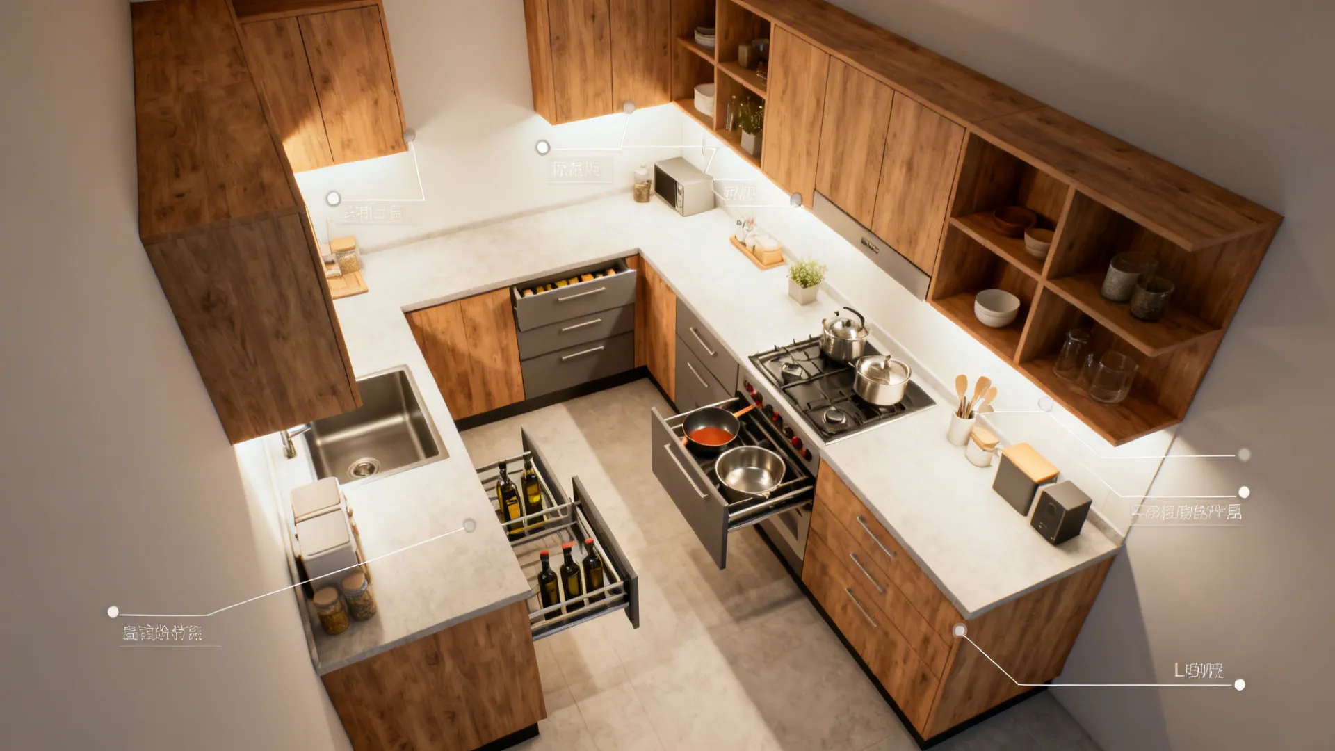 Top-down compact kitchen plan showing L-shaped run, deep drawers, slim pull-out, and tall uppers.