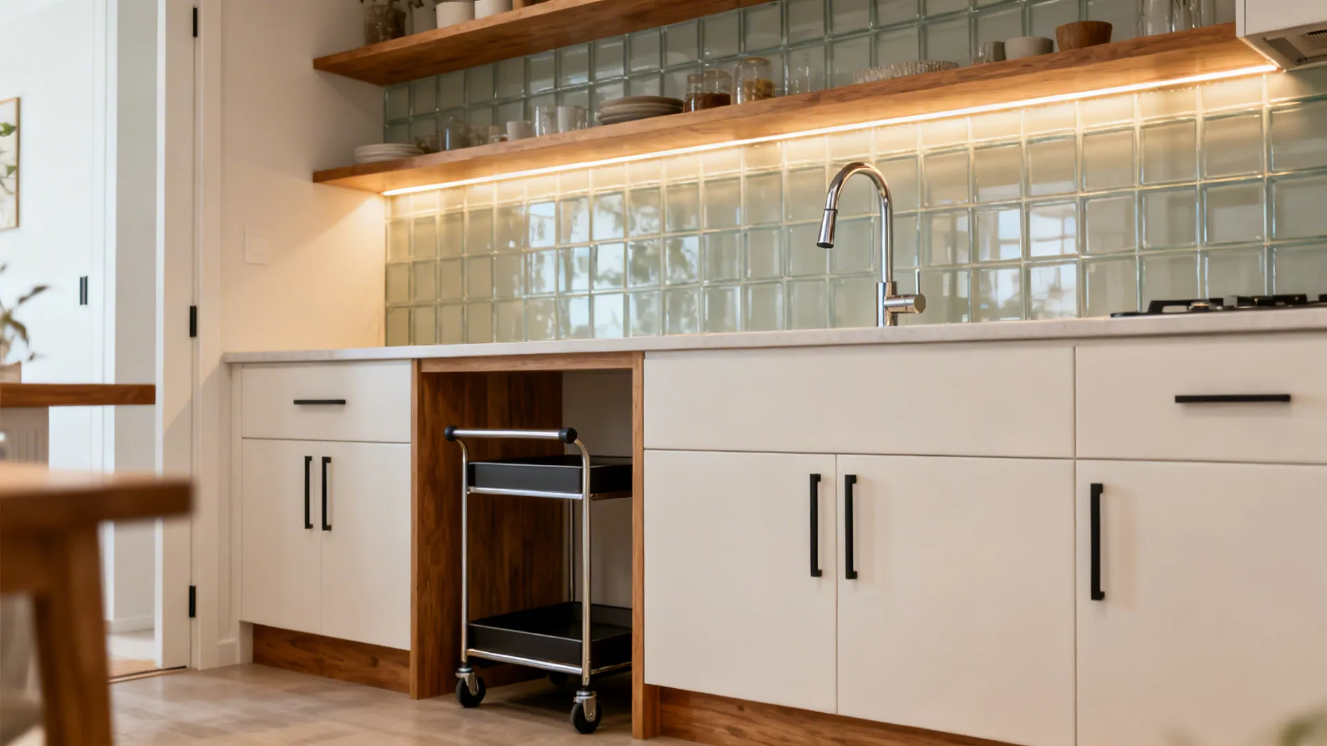 Finished small kitchen with open shelves, glass backsplash, painted cabinets, and LED lighting.