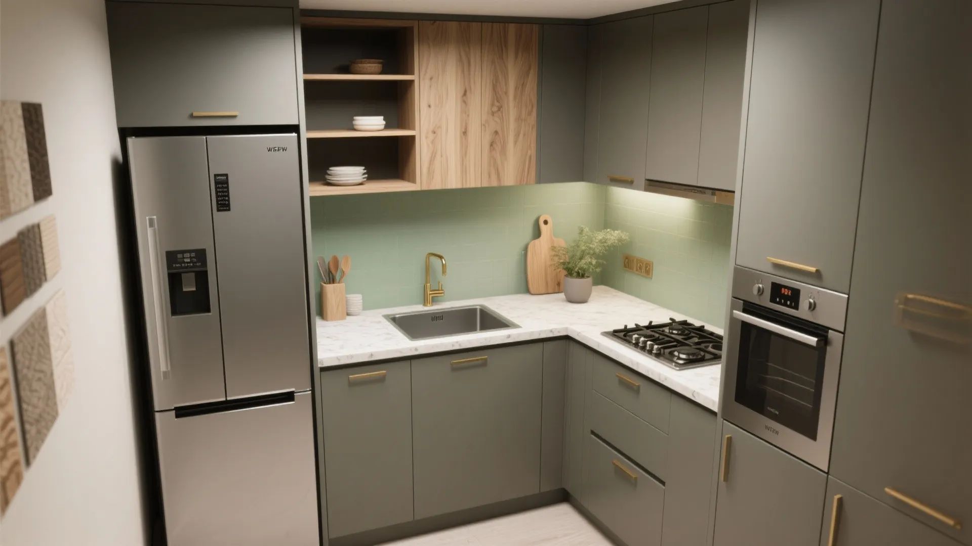Small kitchen design with green cabinets marble countertop silver fridge oven and small stove top
