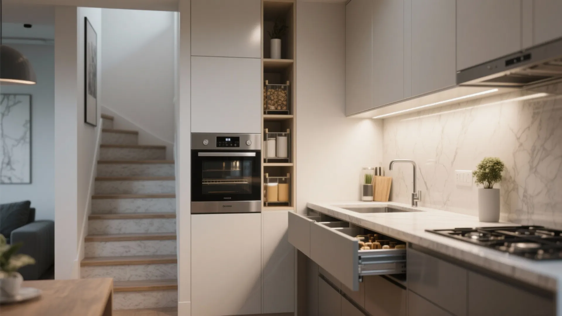 Modern kitchen with white cabinets built-in oven open drawer marble countertop and view of stairs