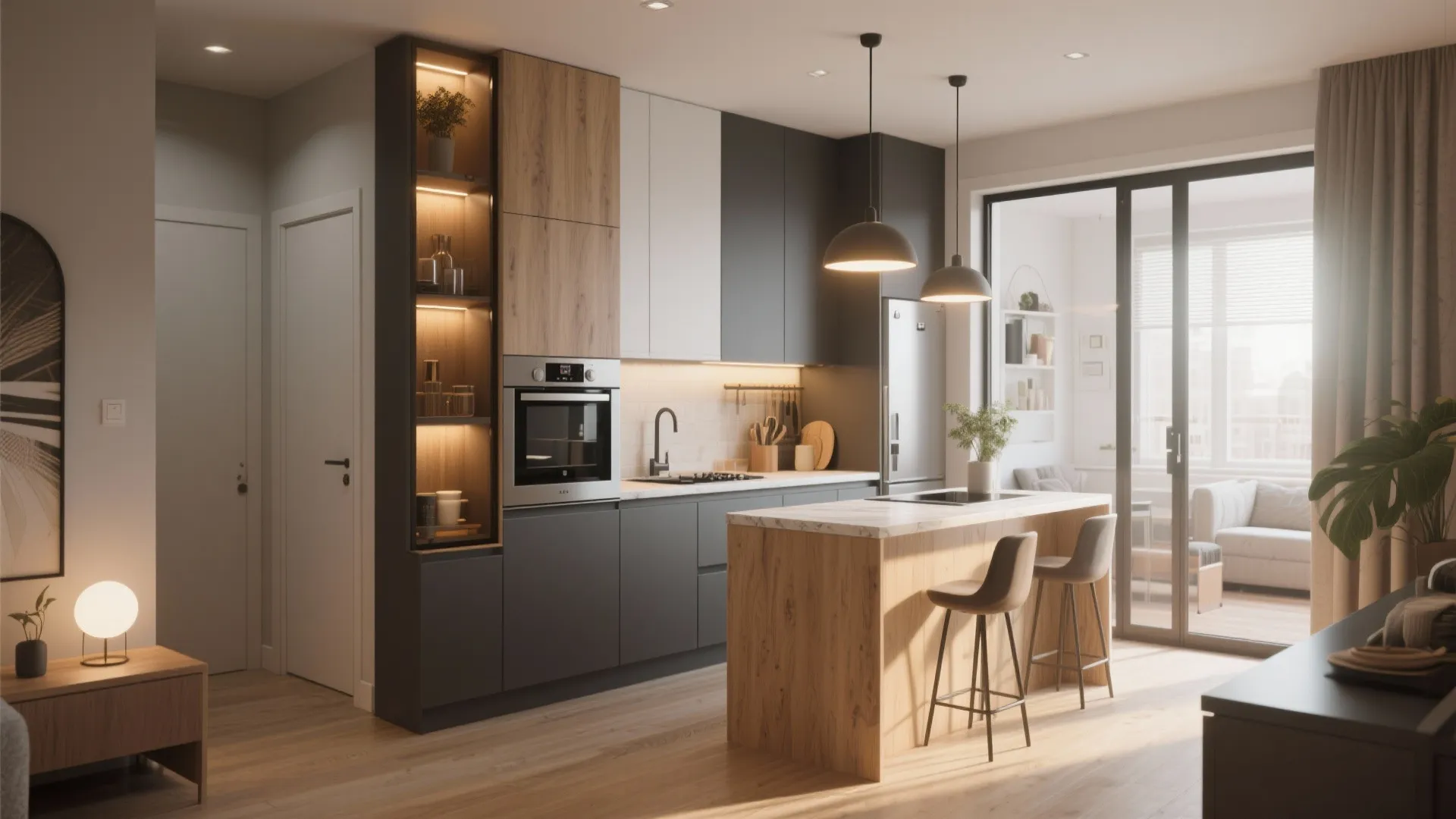 Modern kitchen with grey cabinets wood kitchen island black ceiling light fixtures and white marble countertop