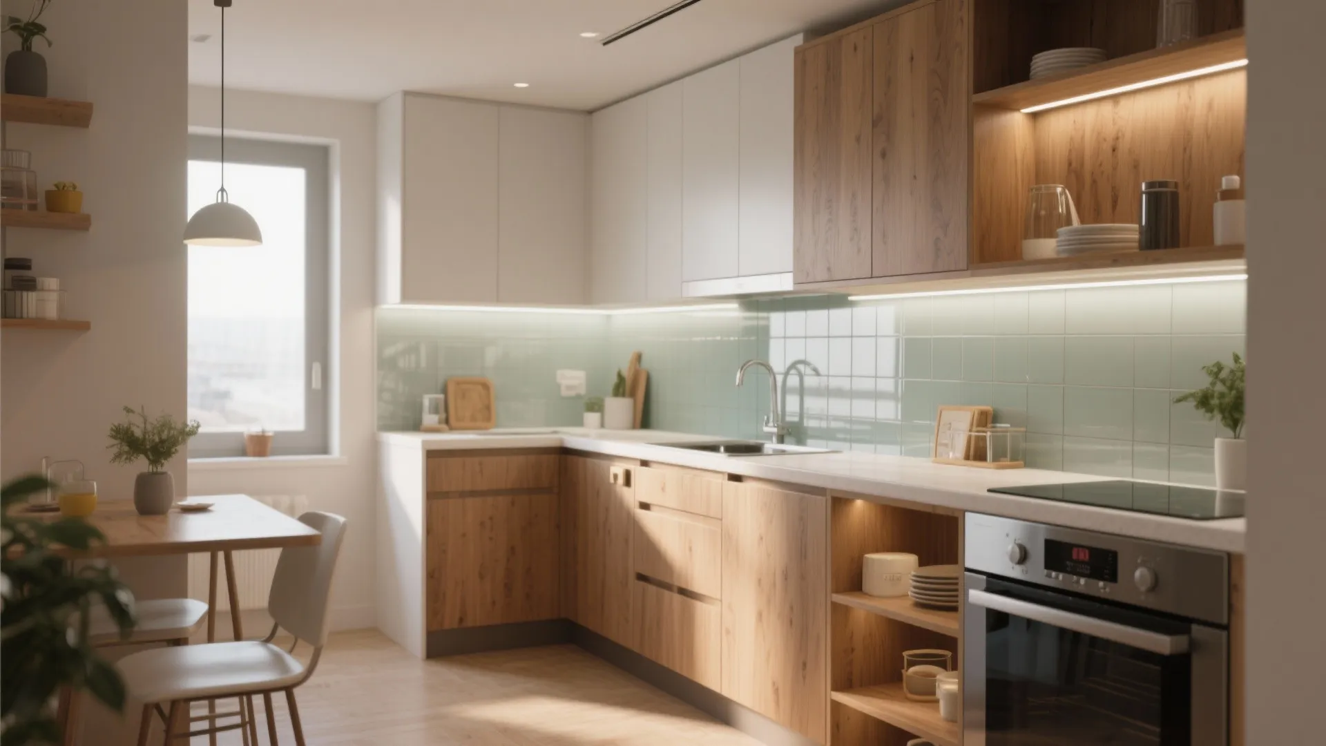 Compact kitchen interior design drawing with wood cabinets white countertops and blue glass wall panel