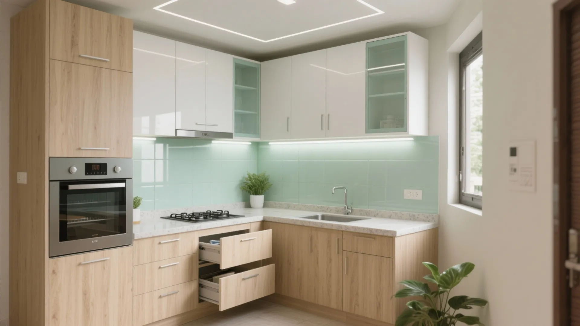 L-shaped kitchen with wood cabinets white upper units green tile backsplash built-in oven and open drawers