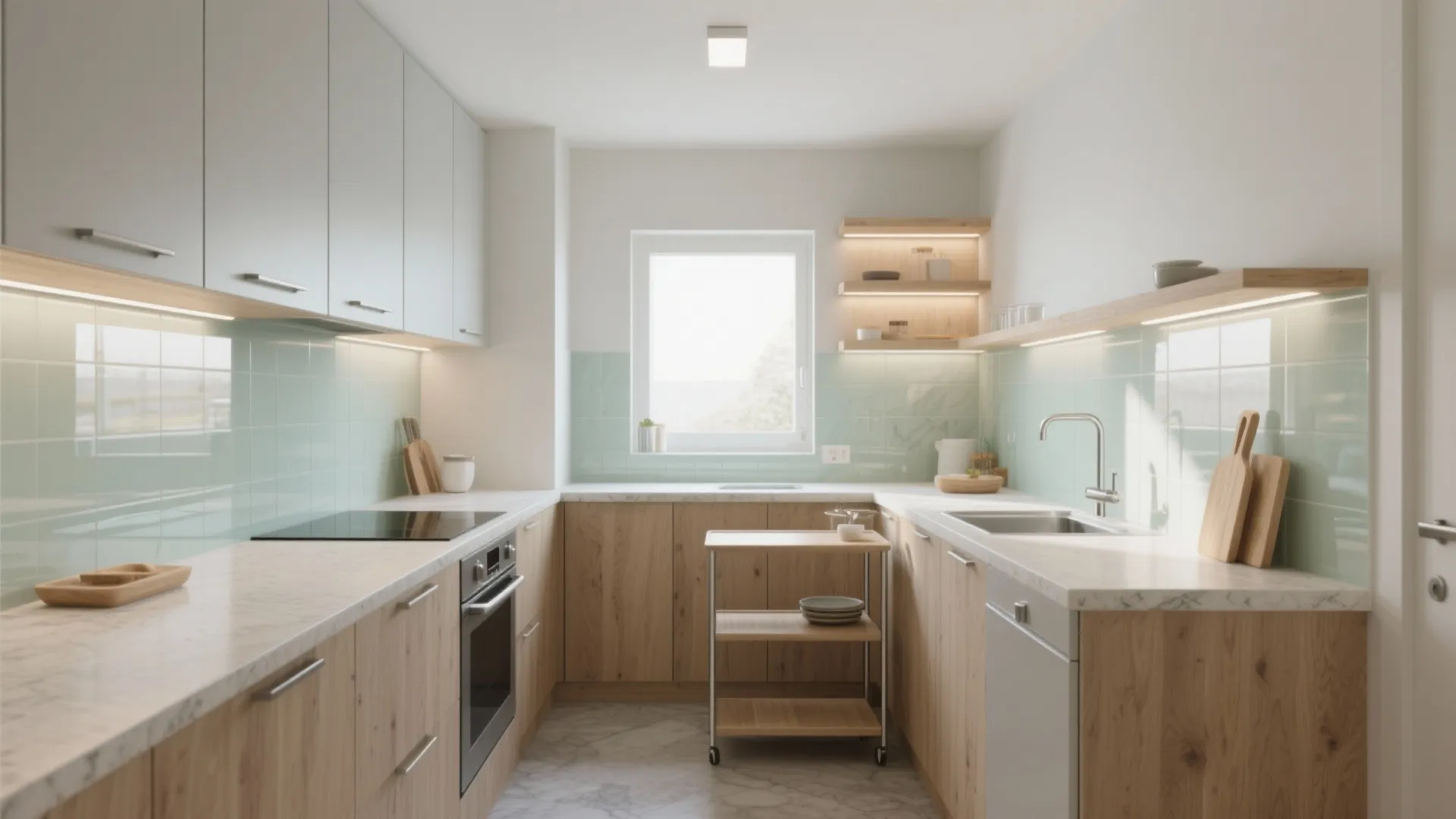 Modern kitchen with wood cabinets white marble counters green tile walls and small kitchen island cart