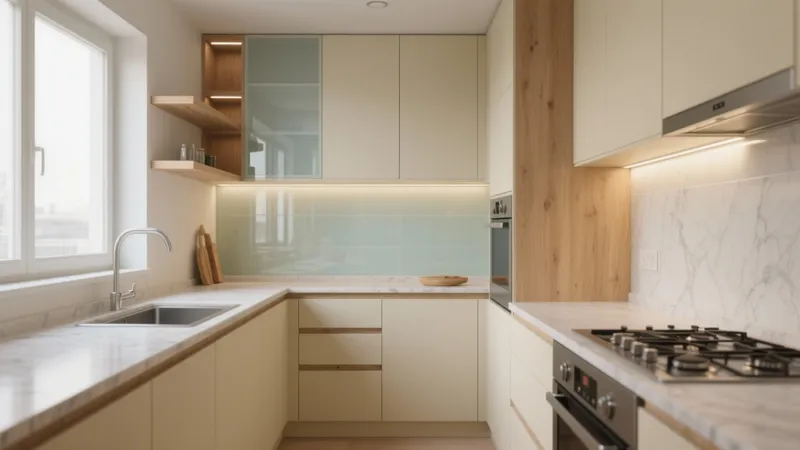 Modern L-Shaped Kitchen with Soft Tones & Wood Accent