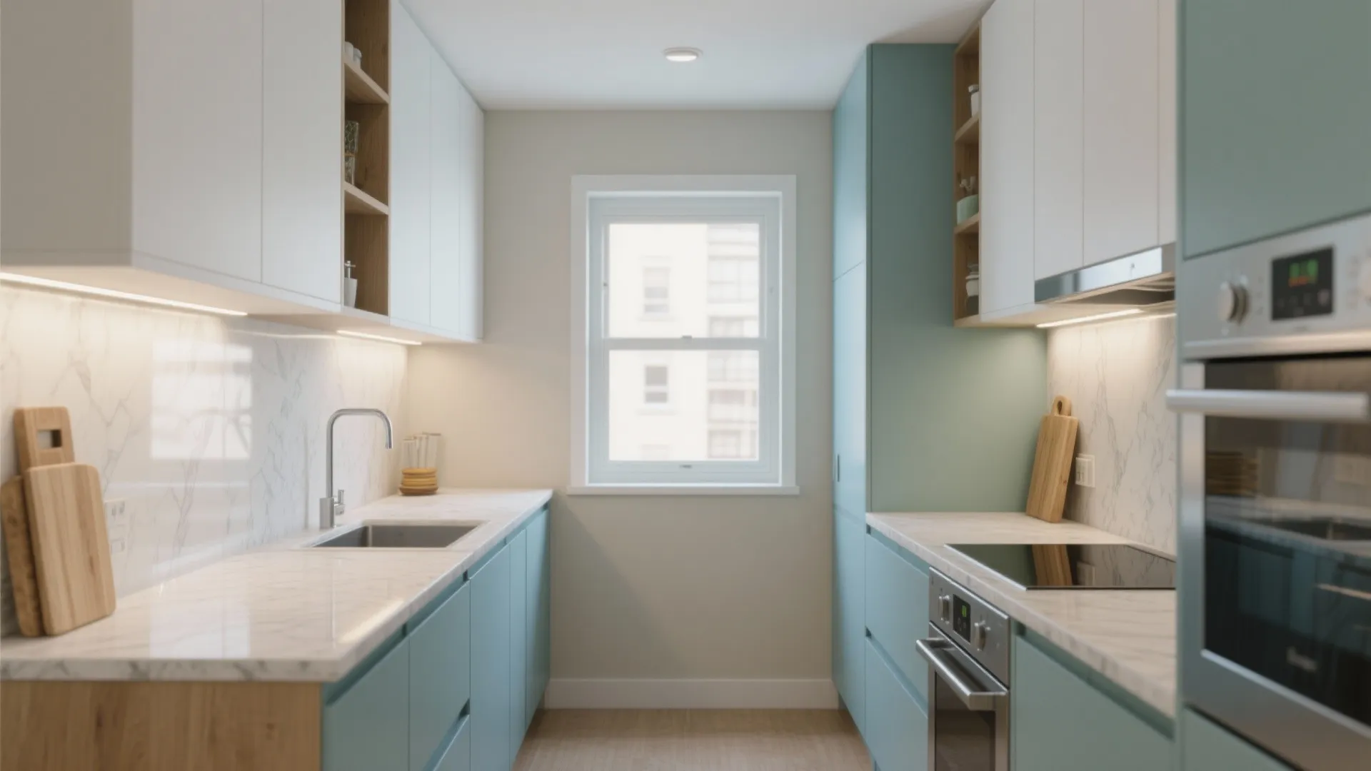 Modern compact kitchen with blue cabinets, white marble countertops, wooden floors, and a small window