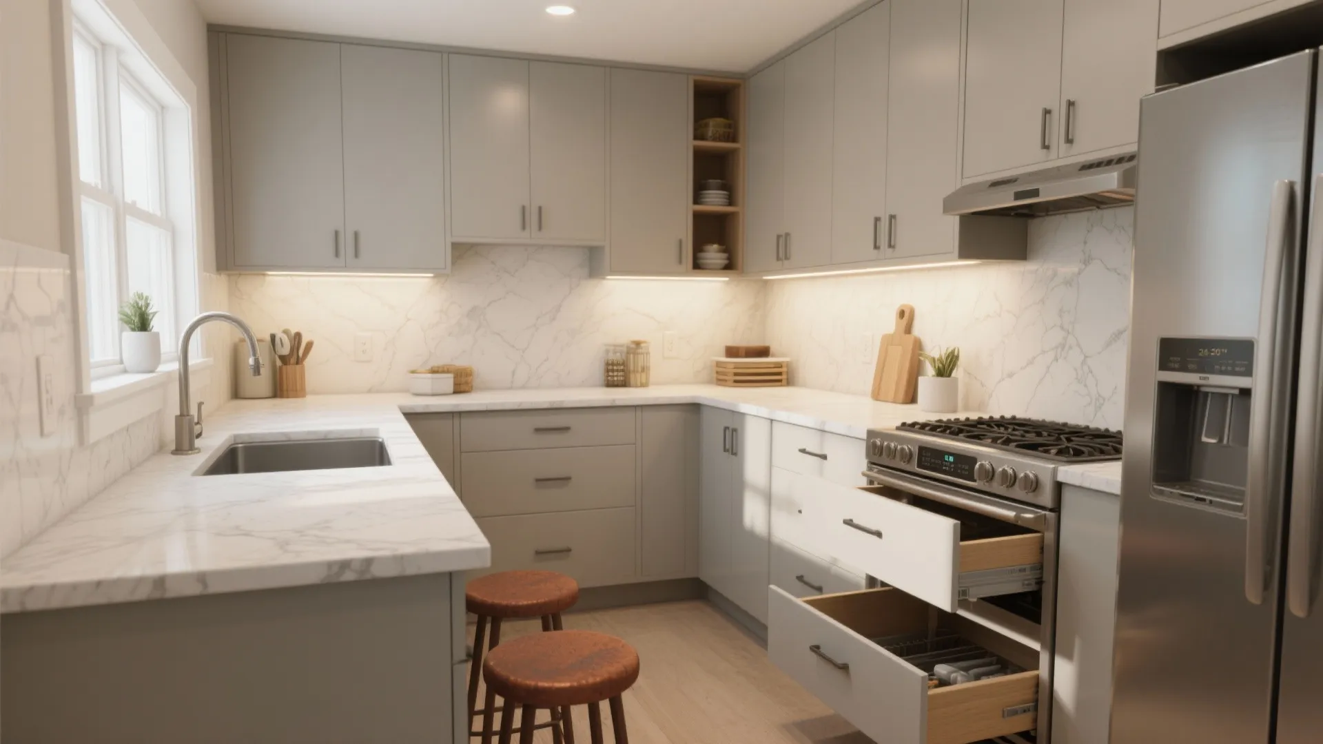Modern grey kitchen with marble counters, white tiled walls, wood stools, and a large fridge