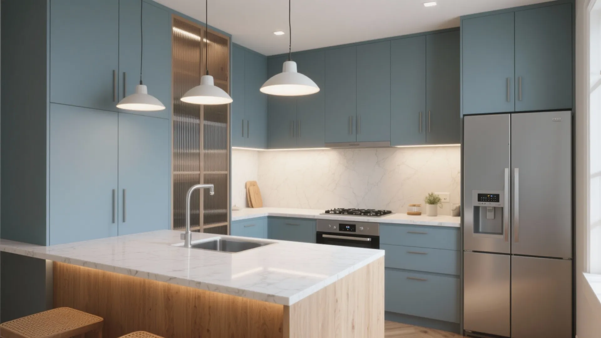 Modern blue kitchen design with marble countertops and white ceiling lights and silver fridge freezer