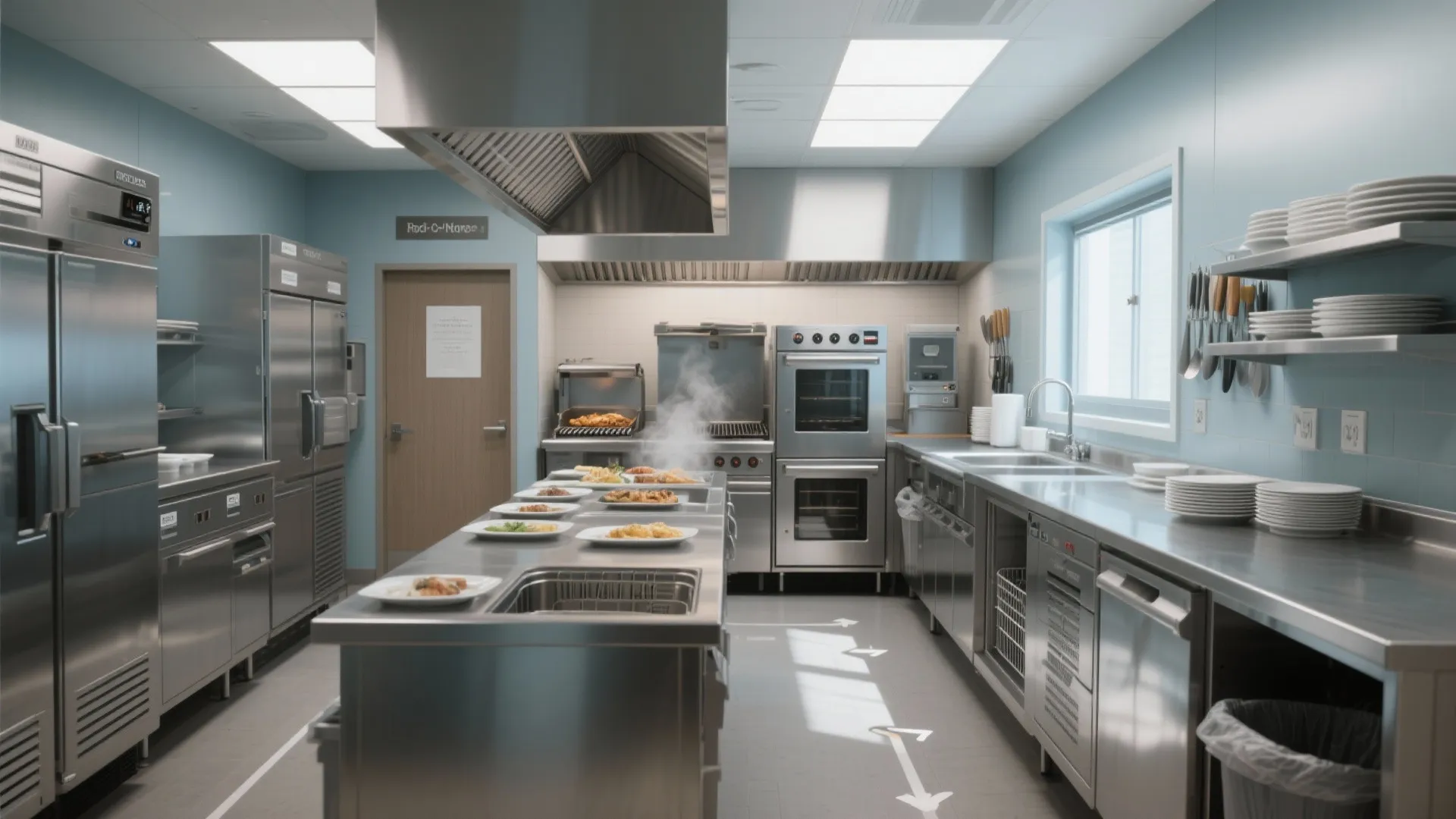 Stainless steel commercial kitchen with blue walls, metal tables, and plates of food being prepared